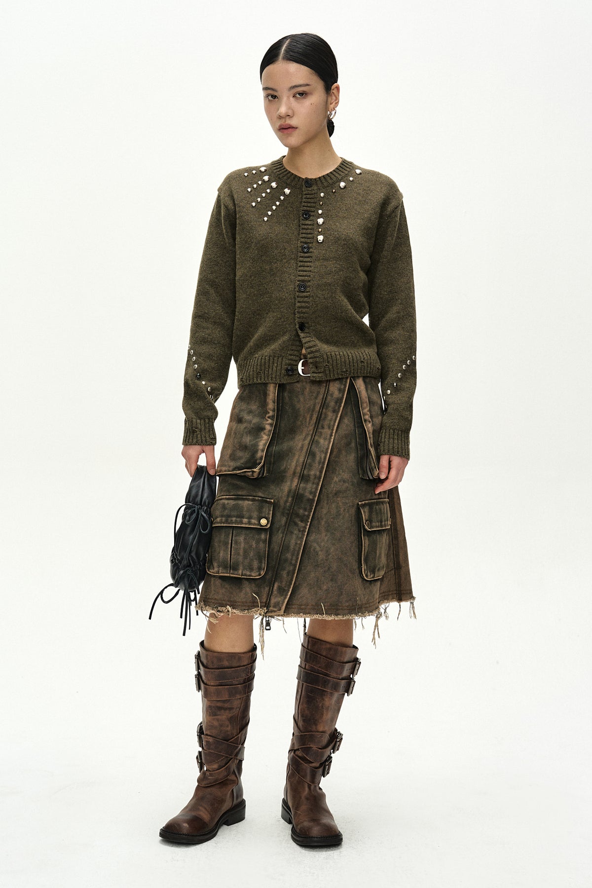 Andersson Bell - Roghen Studded Cardigan (Moss Khaki) product image 2 | TRAB K-Fashion Australia