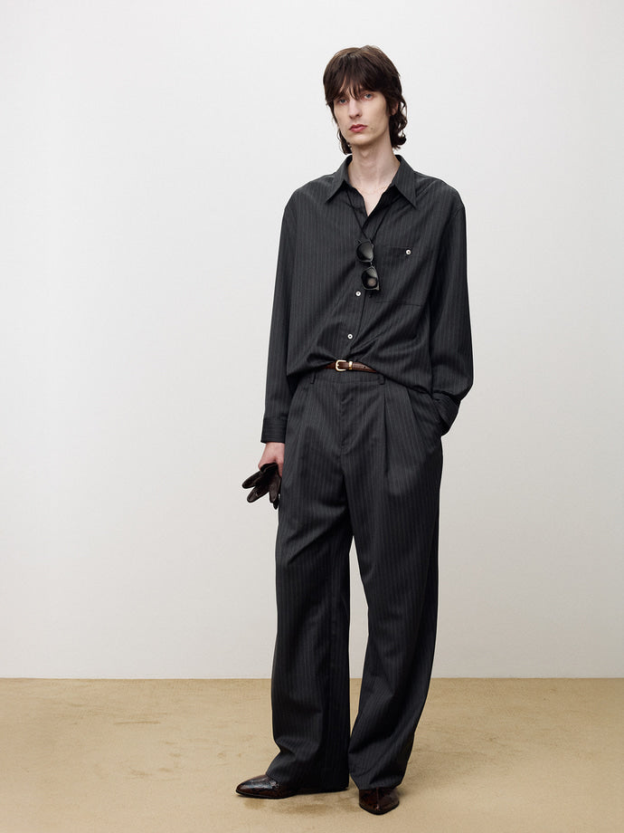 Tonywack - Striped Wool Double-Pleats Wide Trousers (Grey Pinstripe) product image 3 | TRAB K-Fashion Australia