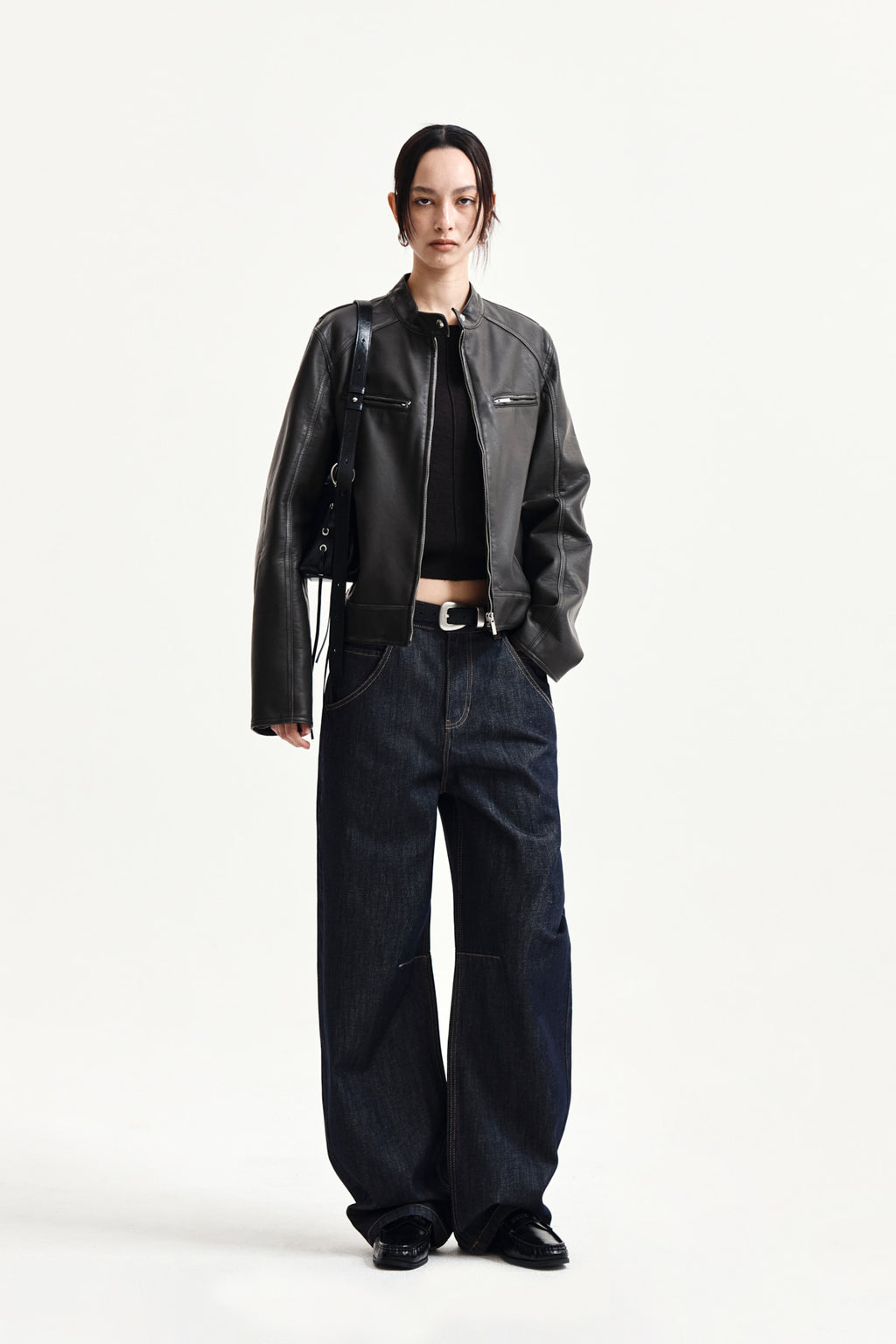 Matin Kim - Washed Faux Leather Racer Jumper (Charcoal) product image 9 | TRAB K-Fashion Australia
