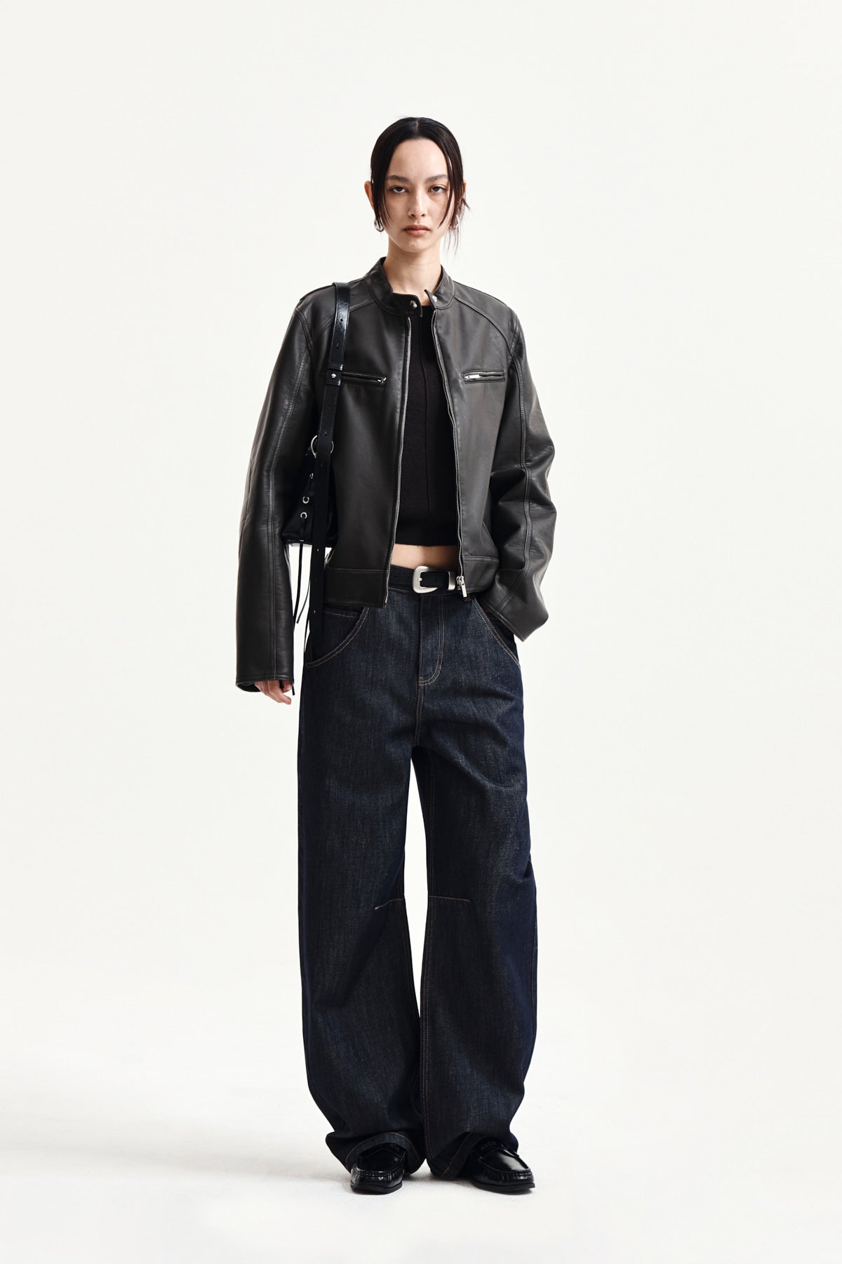 Matin Kim - Washed Faux Leather Racer Jumper (Charcoal) product image 9 | TRAB K-Fashion Australia