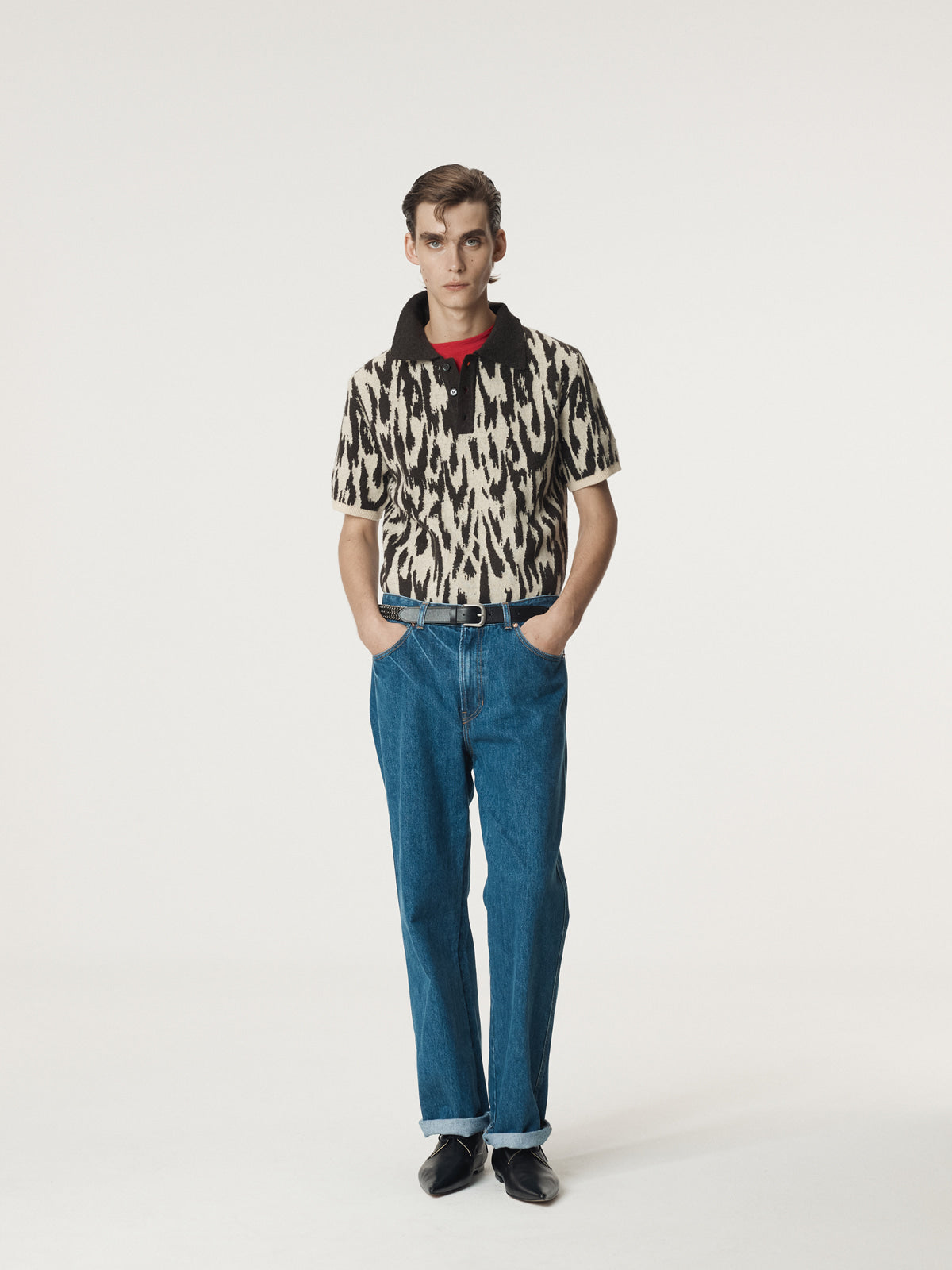 Recto - Leopard Jacquard Polo Knit Top (Dark Brown) product image 2 | TRAB K-Fashion Australia