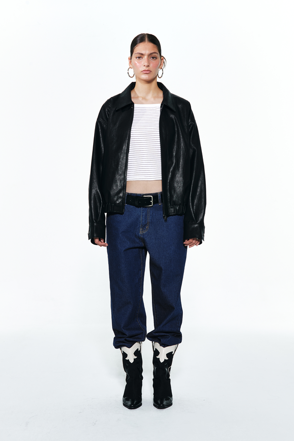 Deinet - Faux-Leather Bomber Banded Jumper (Black) product image 1 | TRAB K-Fashion Australia