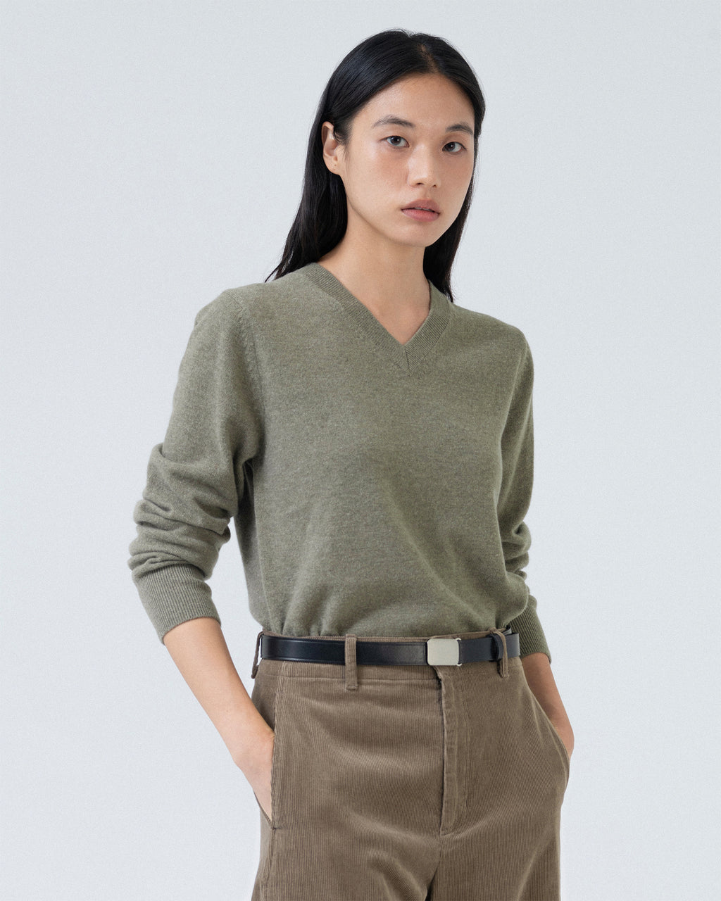 Brownyard - Extra Super Fine V Neck Knit (Olive Grey) product image 3 | TRAB K-Fashion Australia