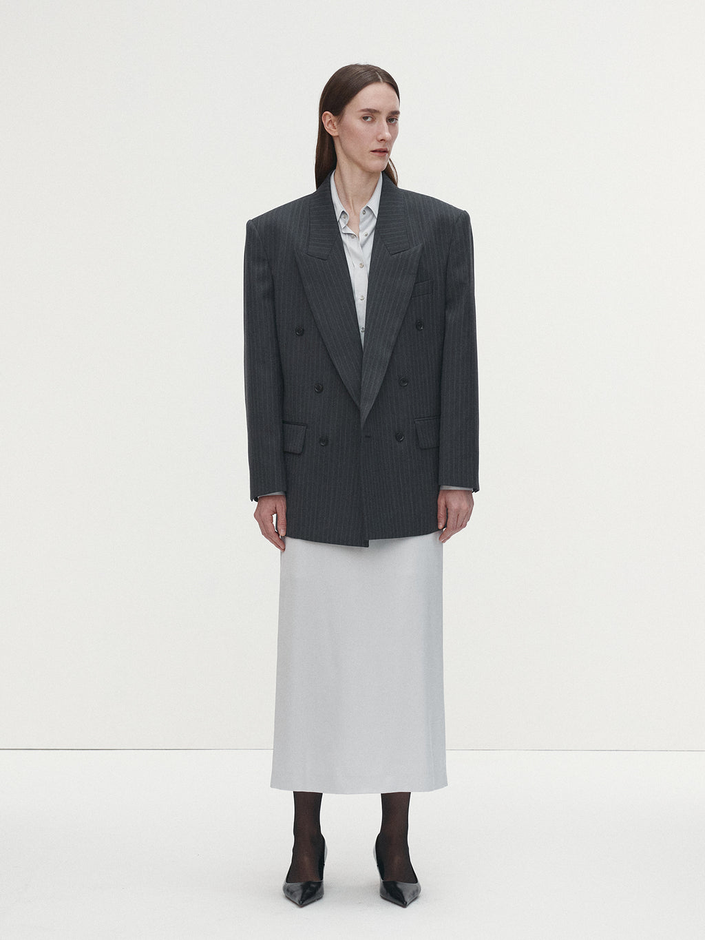 Tonywack - Striped Wool Oversized Double-Breasted Jacket (Grey Pinstripe) product image 3 | TRAB K-Fashion Australia