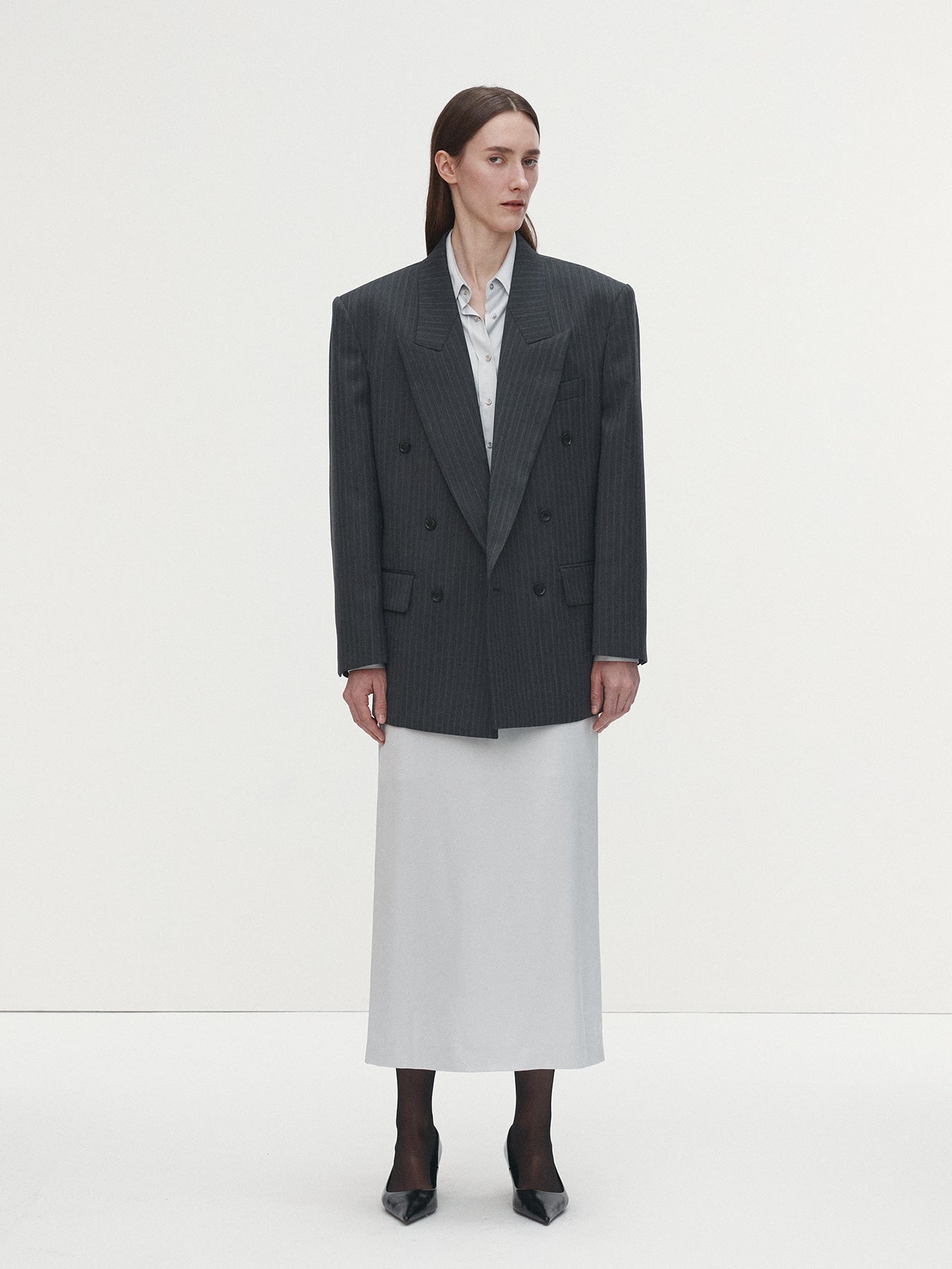 Tonywack - Striped Wool Oversized Double-Breasted Jacket (Grey Pinstripe) product image 3 | TRAB K-Fashion Australia