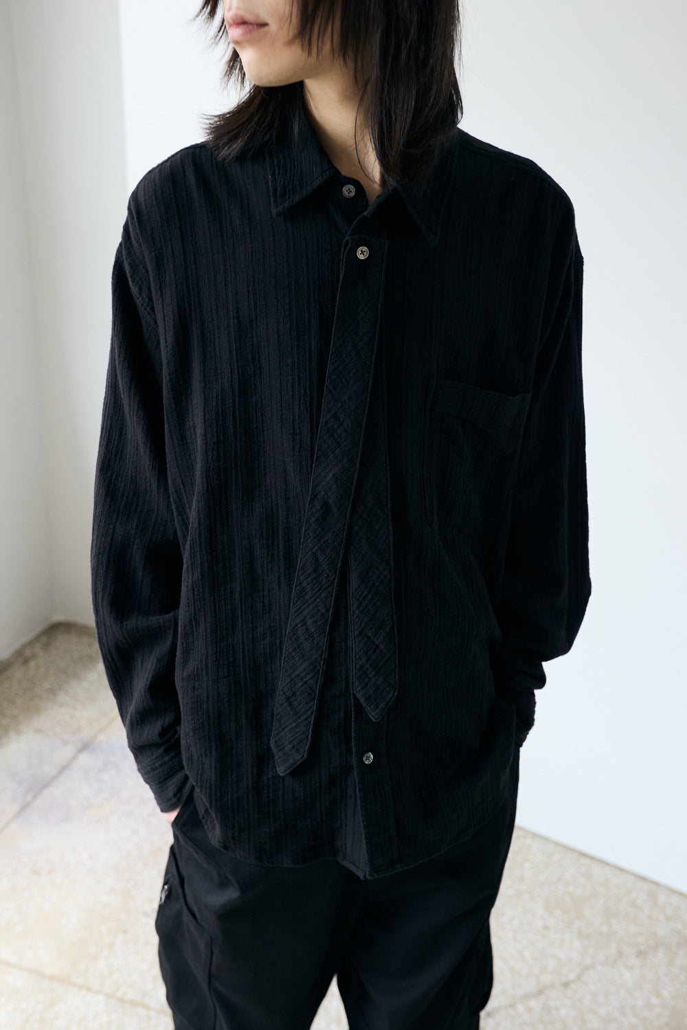 Hatchingroom - Tie Shirt Gauze Stripe Washed (Black) product image 11 | TRAB K-Fashion Australia