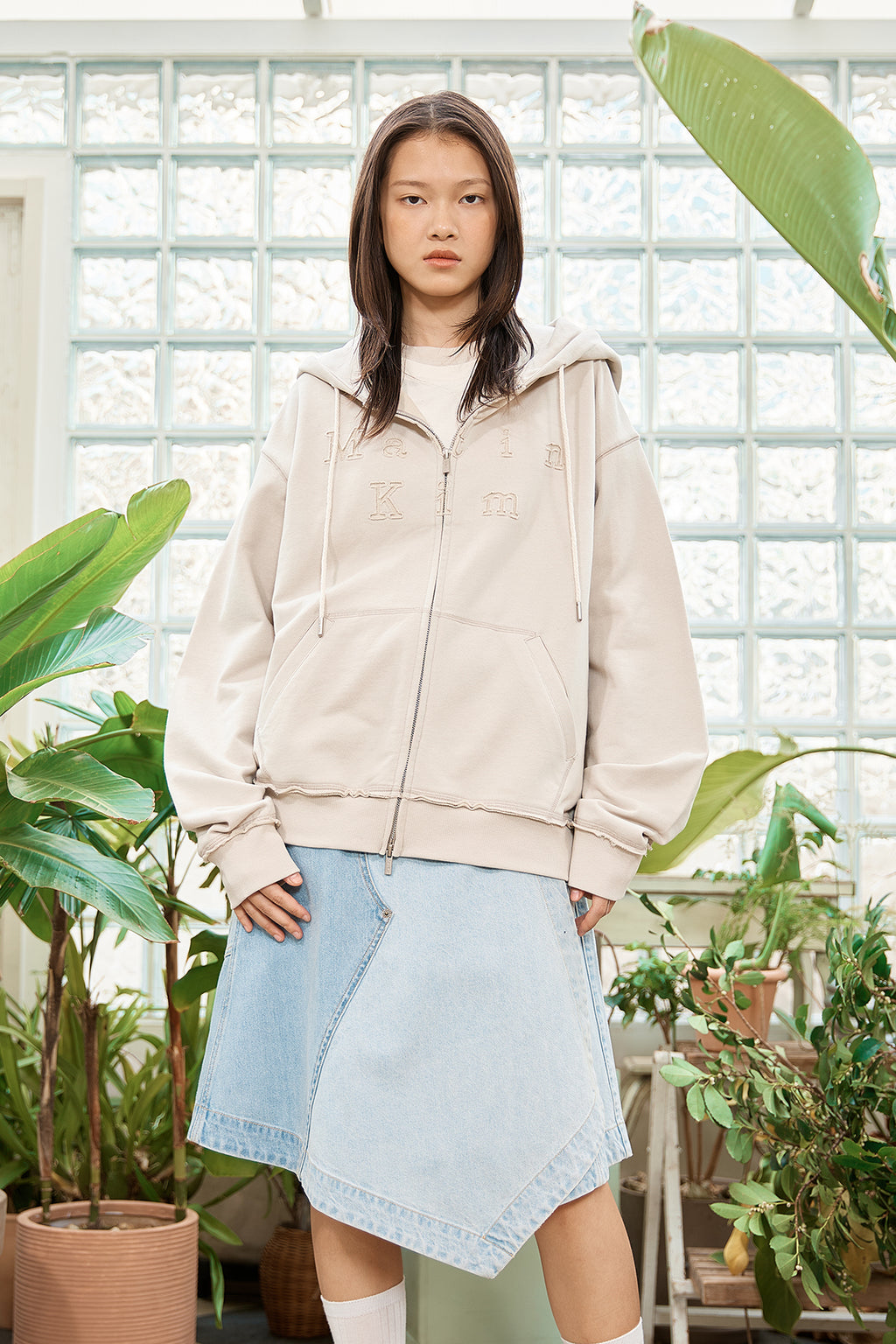 Matin Kim - Applique Cutted Logo Hoody Zip Up (Beige) product image 12 | TRAB K-Fashion Australia