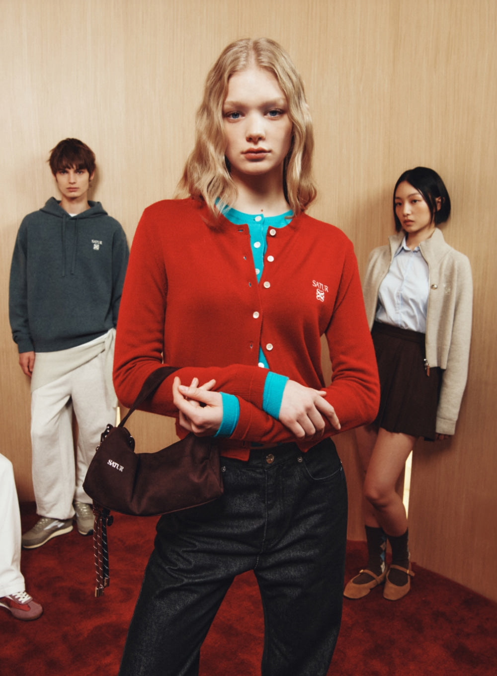Satur - (W) Loren Basic Crewneck Fine Cardigan (Red) product image 1 | TRAB K-Fashion Australia