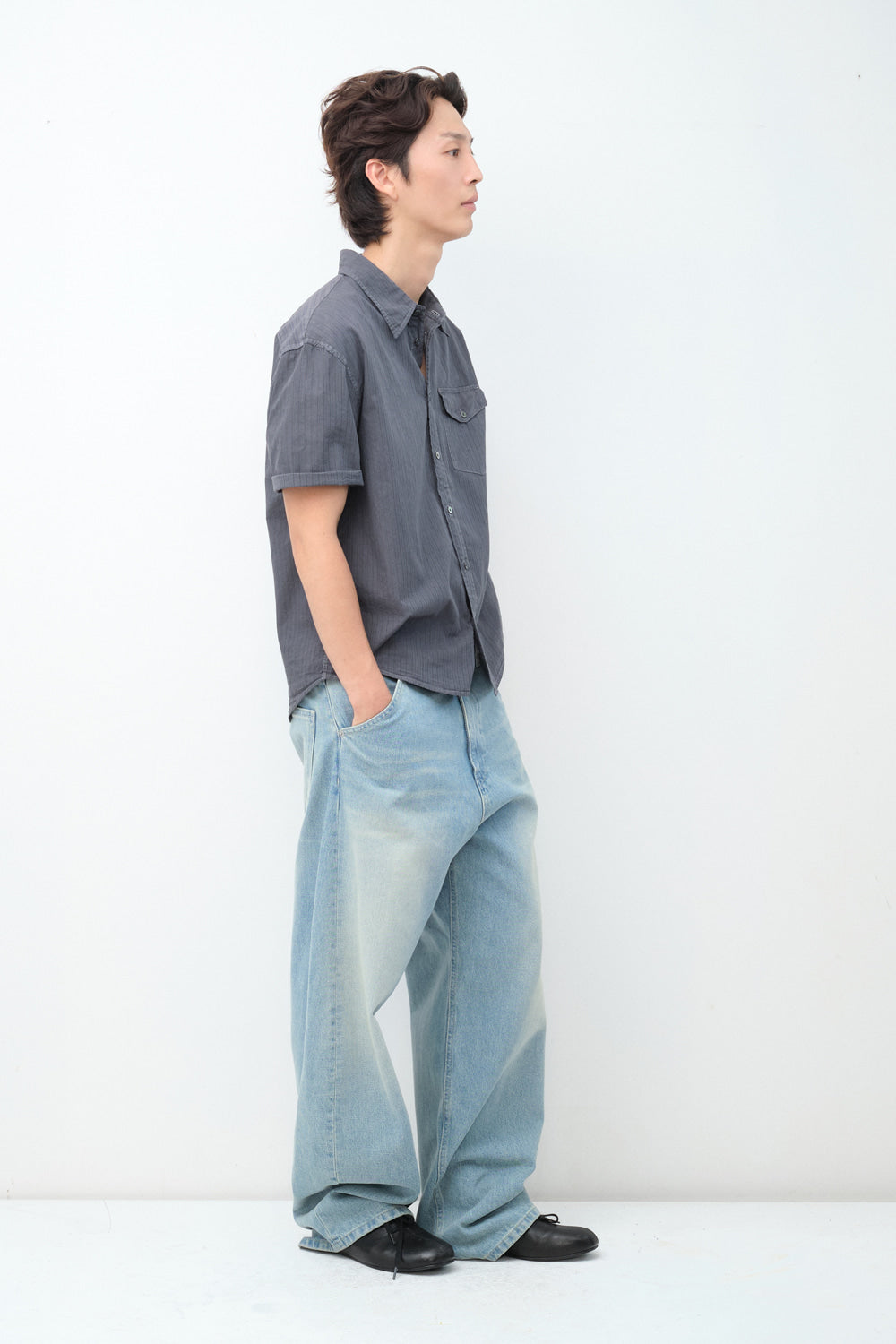 Hatchingroom - Crop Shirt Over Dyed Stripe (Blue Charcoal) product image 6 | TRAB K-Fashion Australia