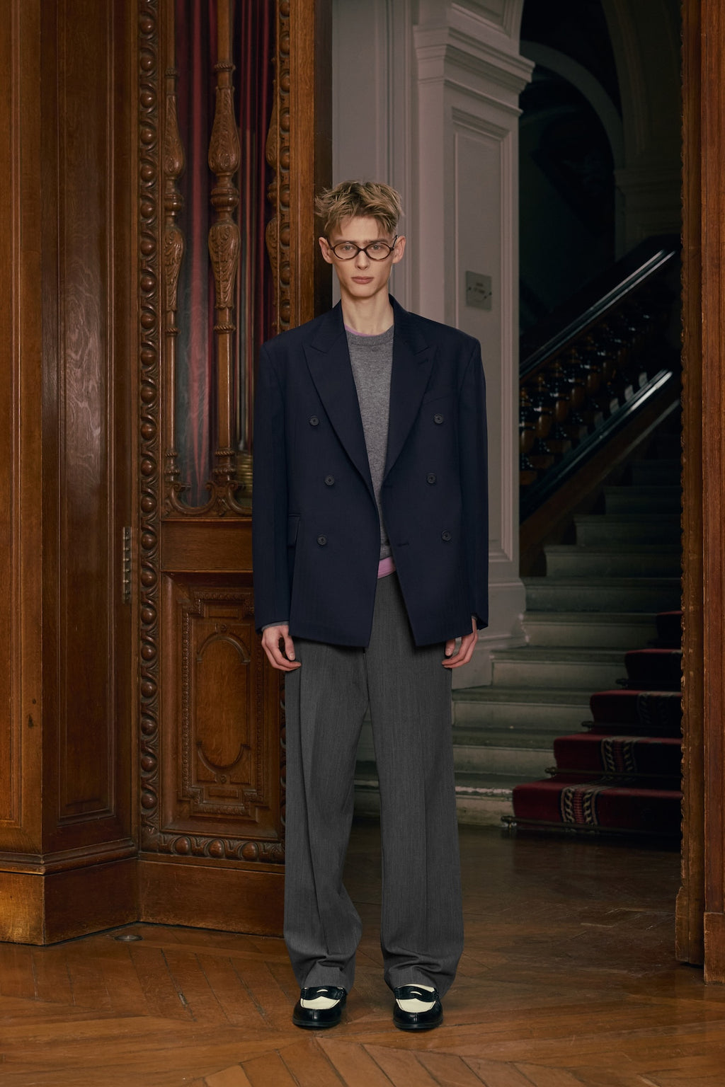 STU - Herringbone Double Breasted Blazer (Navy) product image 1 | TRAB K-Fashion Australia