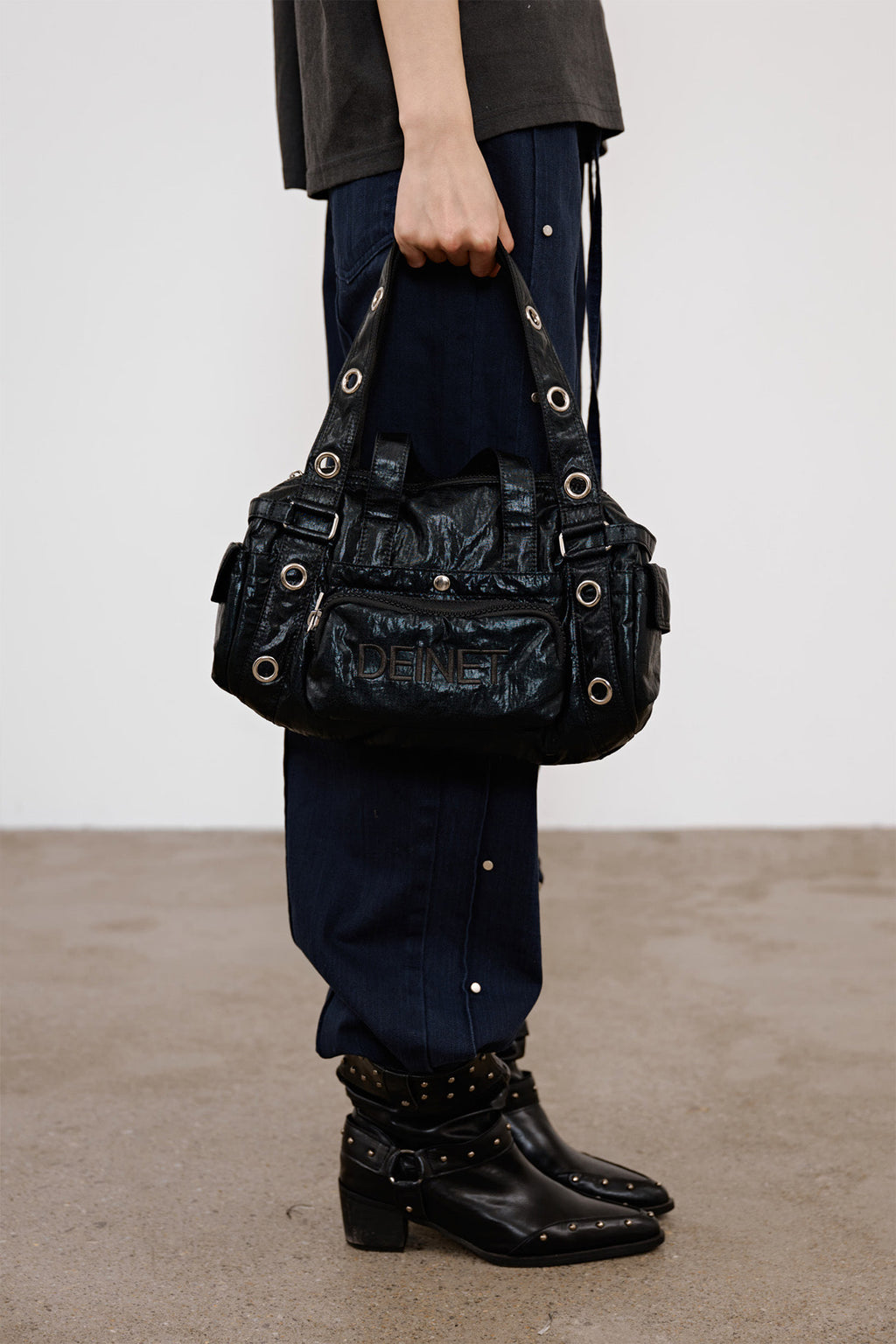 Deinet - Eyelet Glossy Mini Duffle Bag (Black) product image 2 | TRAB K-Fashion Australia