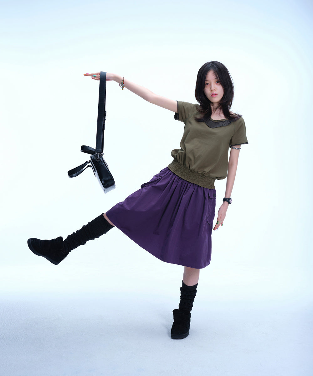 Coyseio - Ruffle V-Neck Smocked T-Shirt (Olive) product image 4 | TRAB K-Fashion Australia