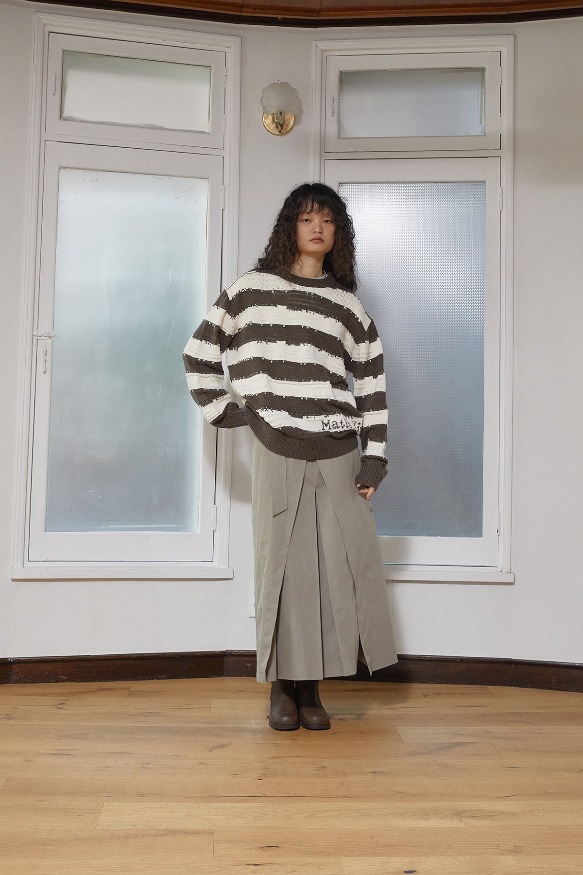 Matin Kim - Stripe Vintage Loose Pullover (Khaki Brown) product image 11 | TRAB K-Fashion Australia