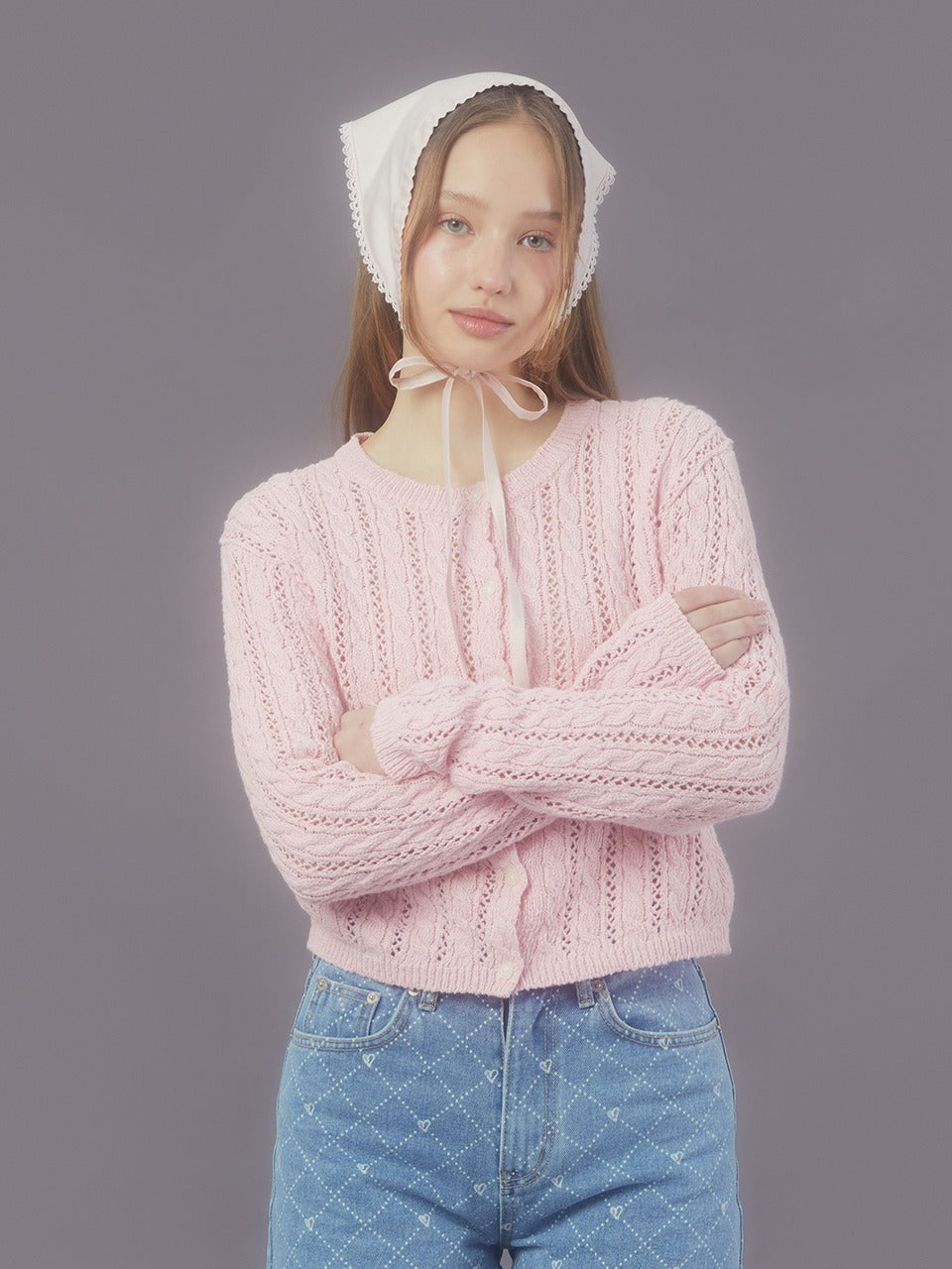 Margarin Fingers - Heart Button Cable Cardigan (Light Pink) product image 1 | TRAB K-Fashion Australia