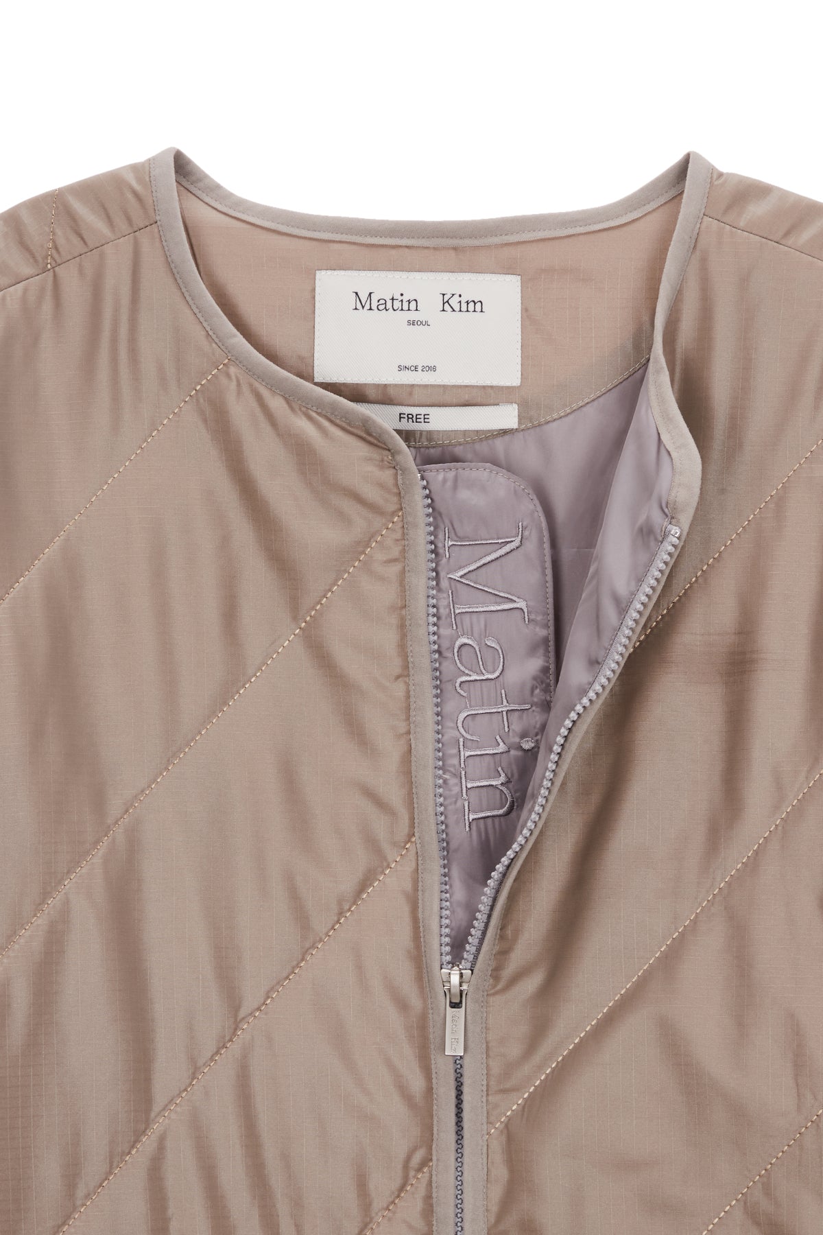 Matin Kim - Collarless Quilting Zip Up Jumper (Beige) product image 3 | TRAB K-Fashion Australia