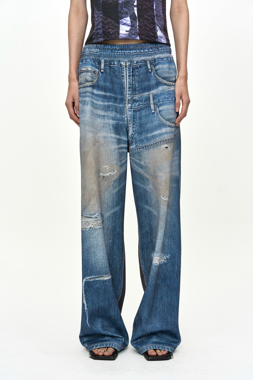 Andersson Bell - [Pre-Order – Ships September 7] Denim & Cargo Trompe L'oeil Mesh Pants (Mid Blue/Khaki) product image 6 | TRAB K-Fashion Australia