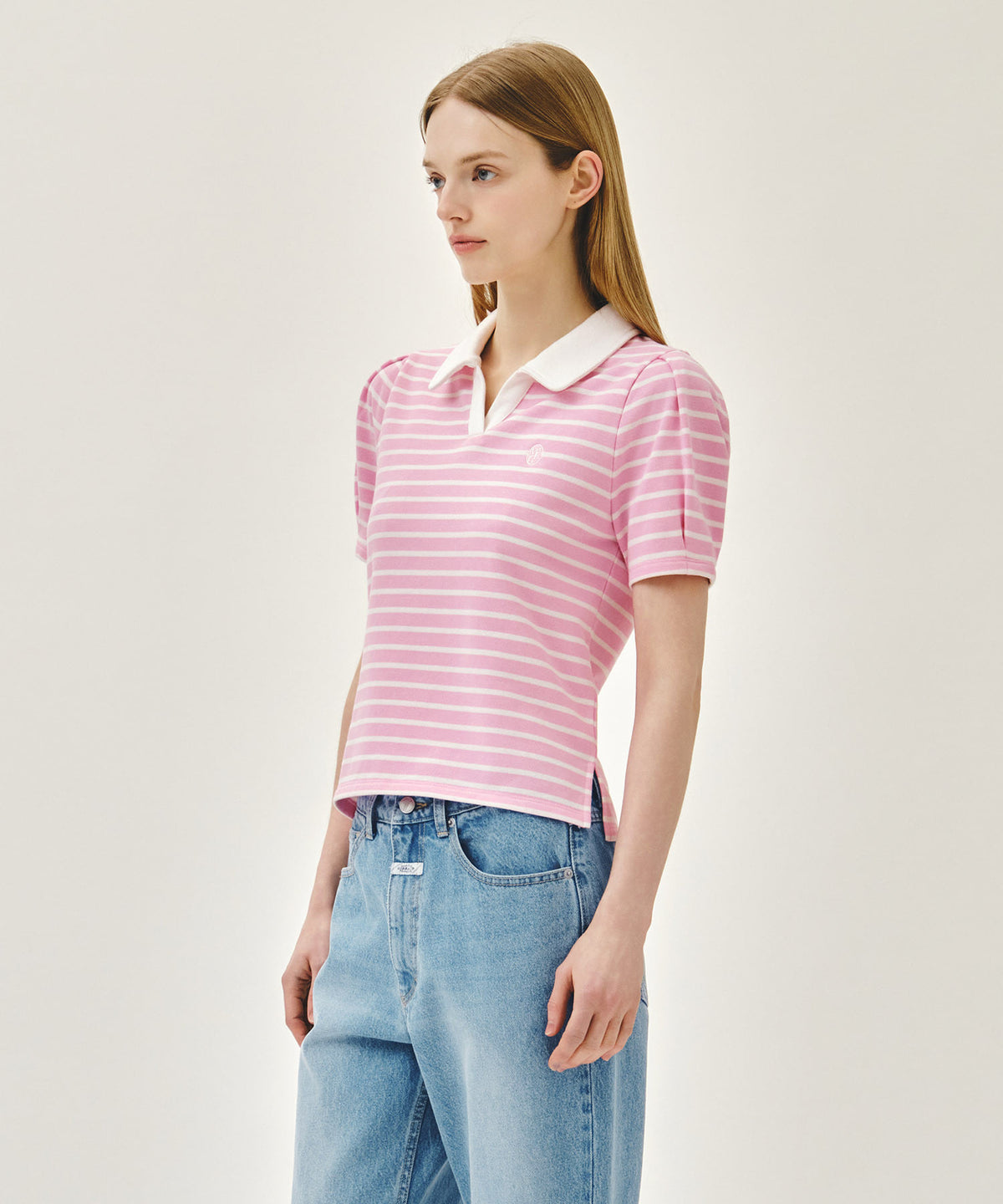 Marithe & Francois Girbaud - Collar Stripe Half Sleeve Crop Sweatshirt (Pink) product image 2 | TRAB K-Fashion Australia