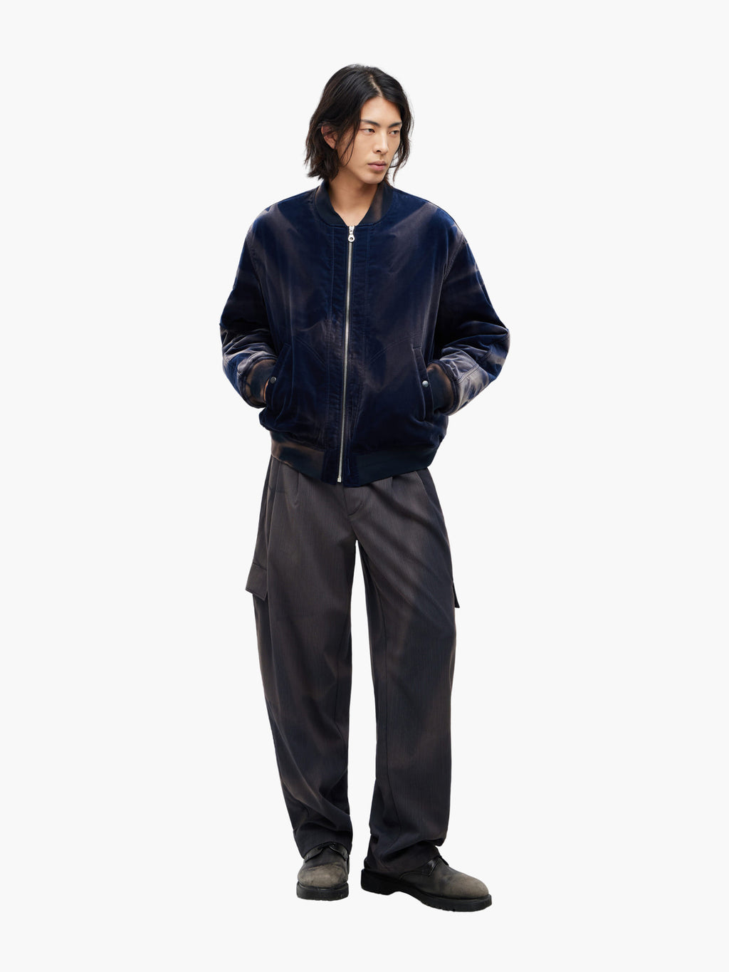 Jiyong Kim - Sun-Bleached Pleated Trousers (Pin Stripe Grey) product image 1 | TRAB K-Fashion Australia