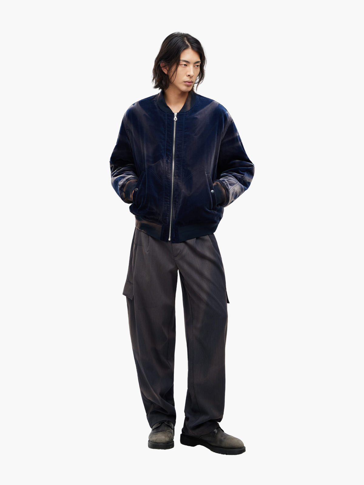 Jiyong Kim - Sun-Bleached Pleated Trousers (Pin Stripe Grey) product image 1 | TRAB K-Fashion Australia