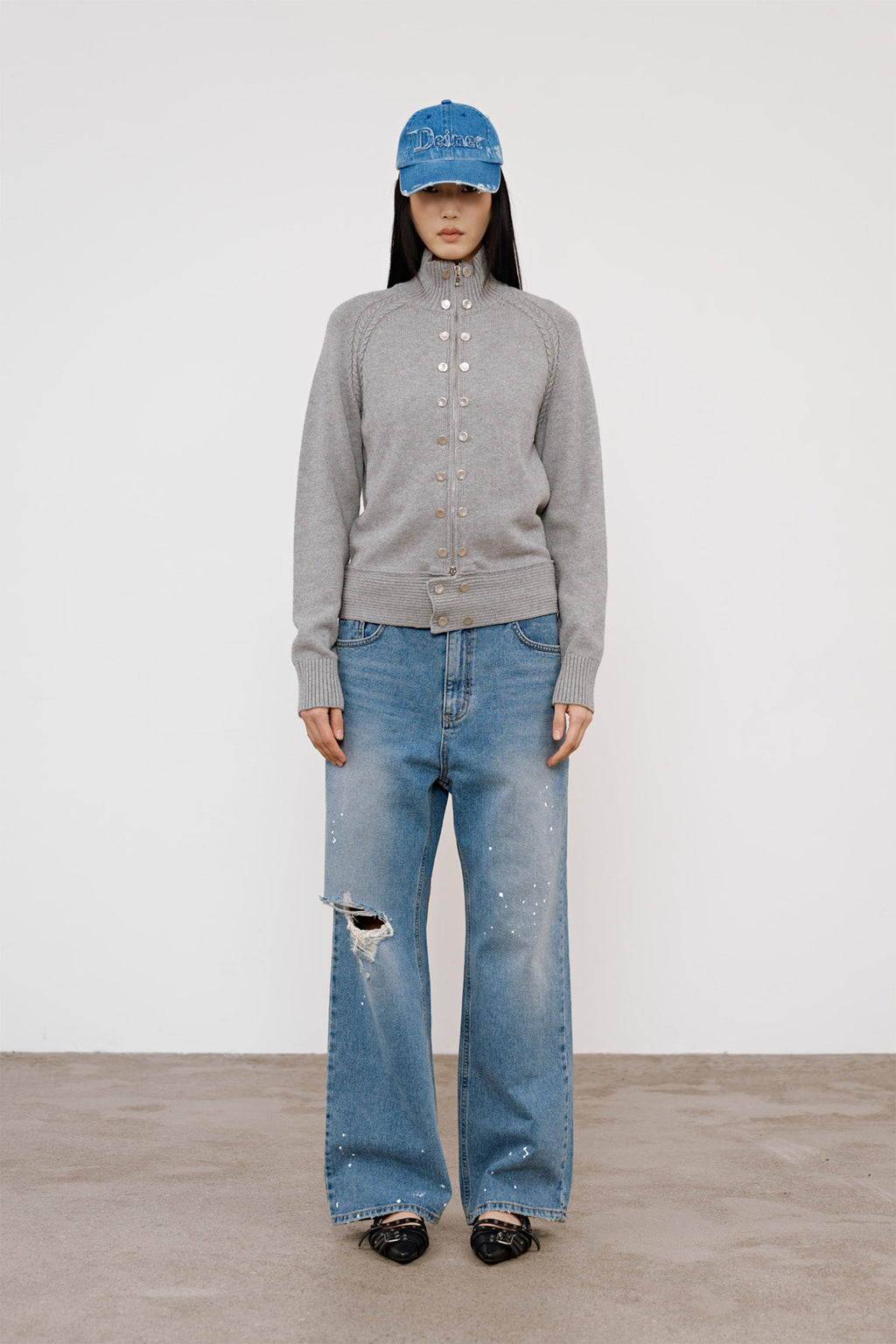 Deinet - High-Neck Stud Knit Outer (Melange Grey) product image 1 | TRAB K-Fashion Australia