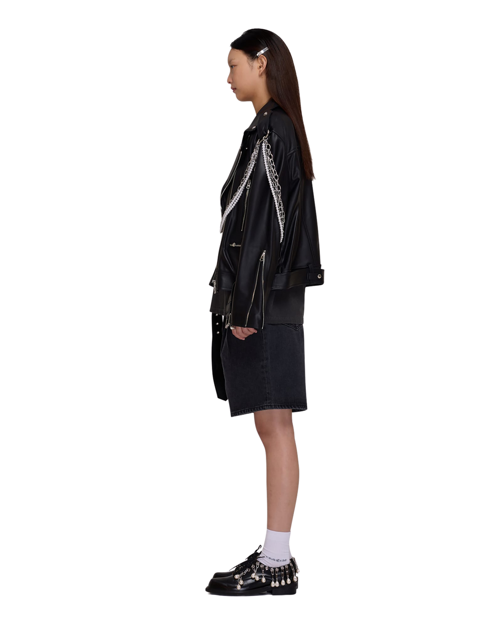 Kimhe Kim - Detachable Pearl Chain Leather Jacket (Black) product image 3 | TRAB K-Fashion Australia