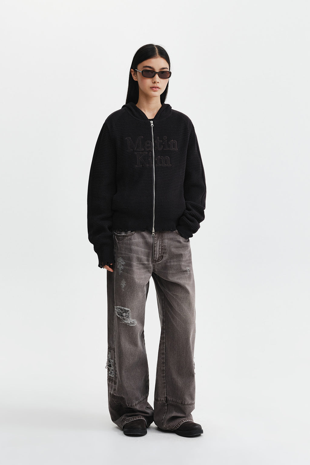 Matin Kim - Waffle Texture Hoody Knit Zip Up (Charcoal) product image 10 | TRAB K-Fashion Australia