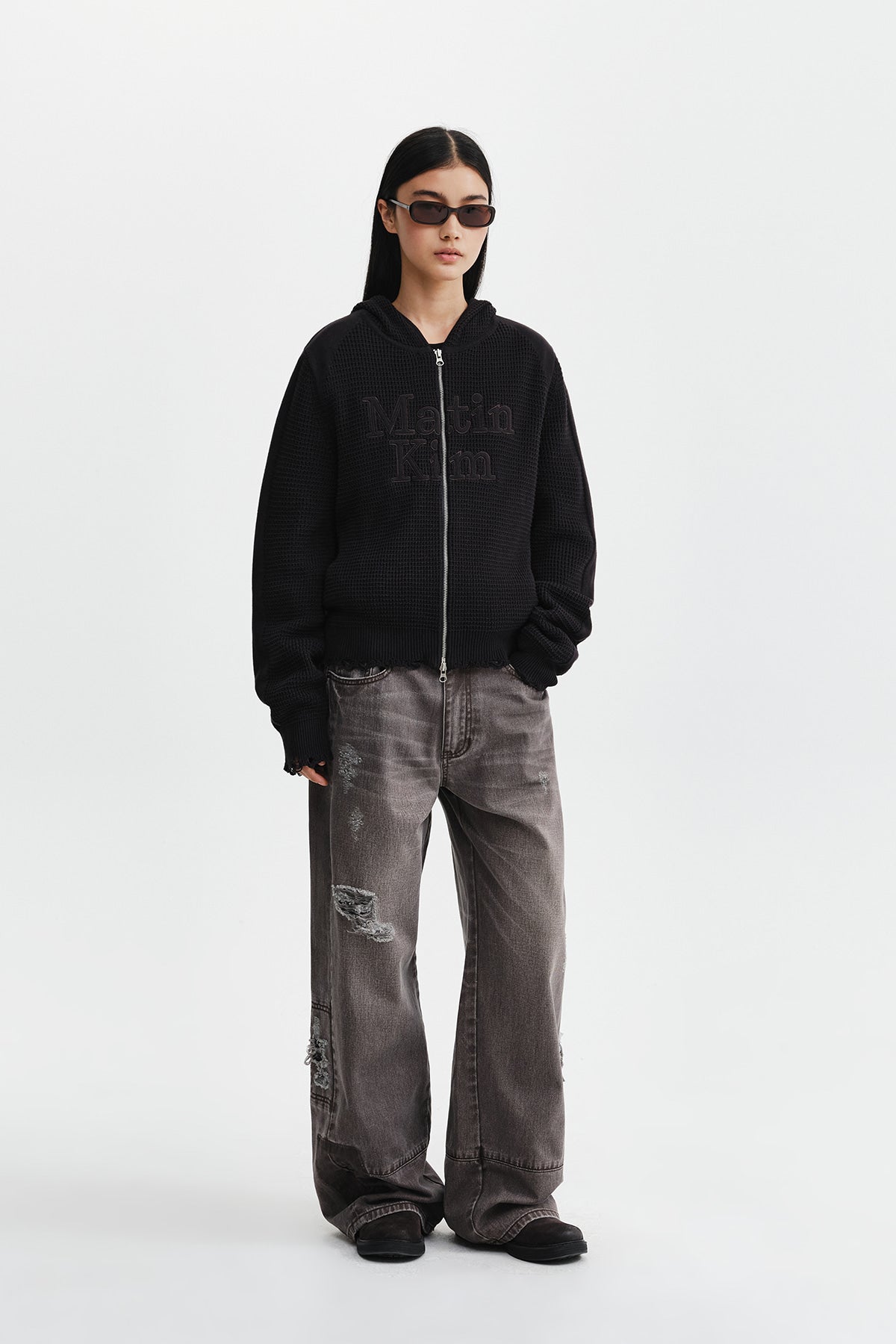 Matin Kim - Waffle Texture Hoody Knit Zip Up (Charcoal) product image 10 | TRAB K-Fashion Australia