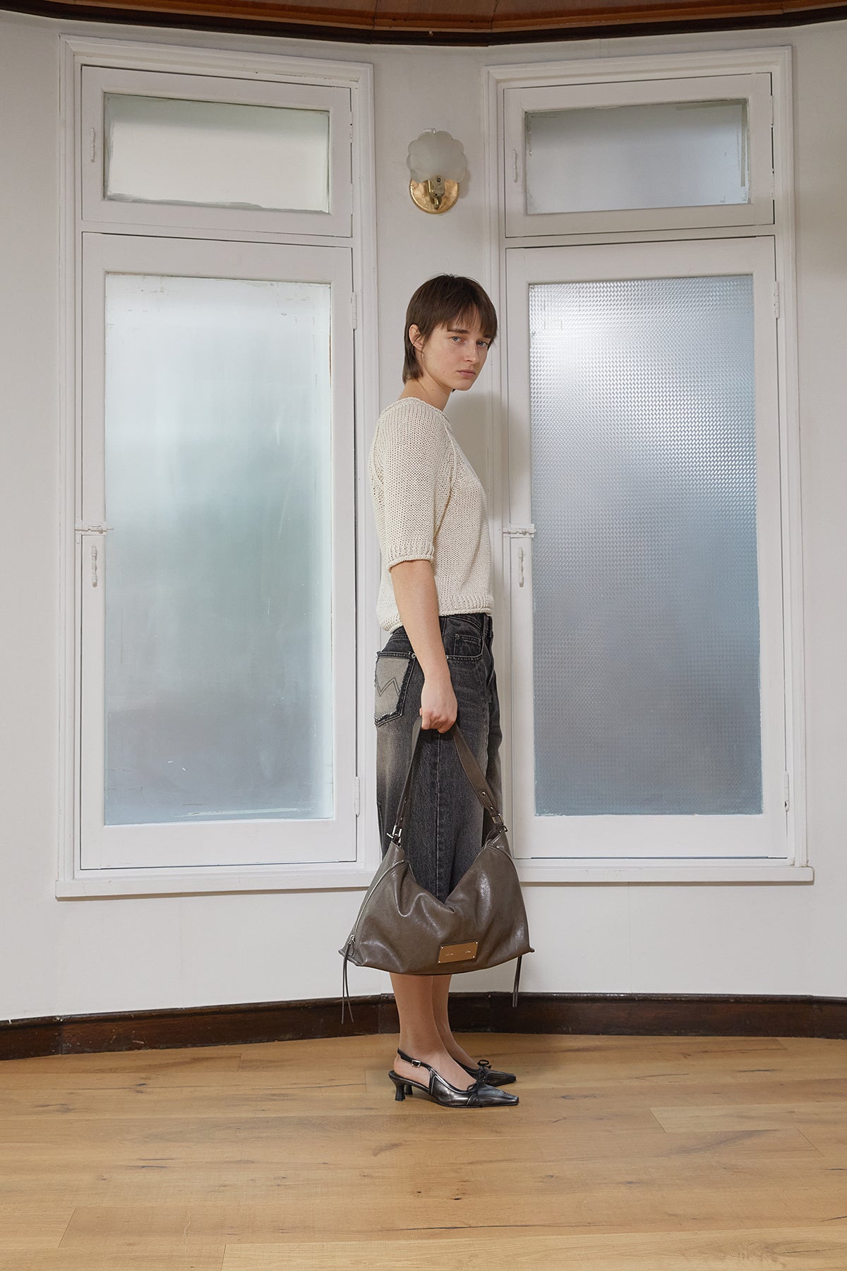 Matin Kim - Three Quarter Sleeve Logo Knit Pullover (Beige) product image 10 | TRAB K-Fashion Australia