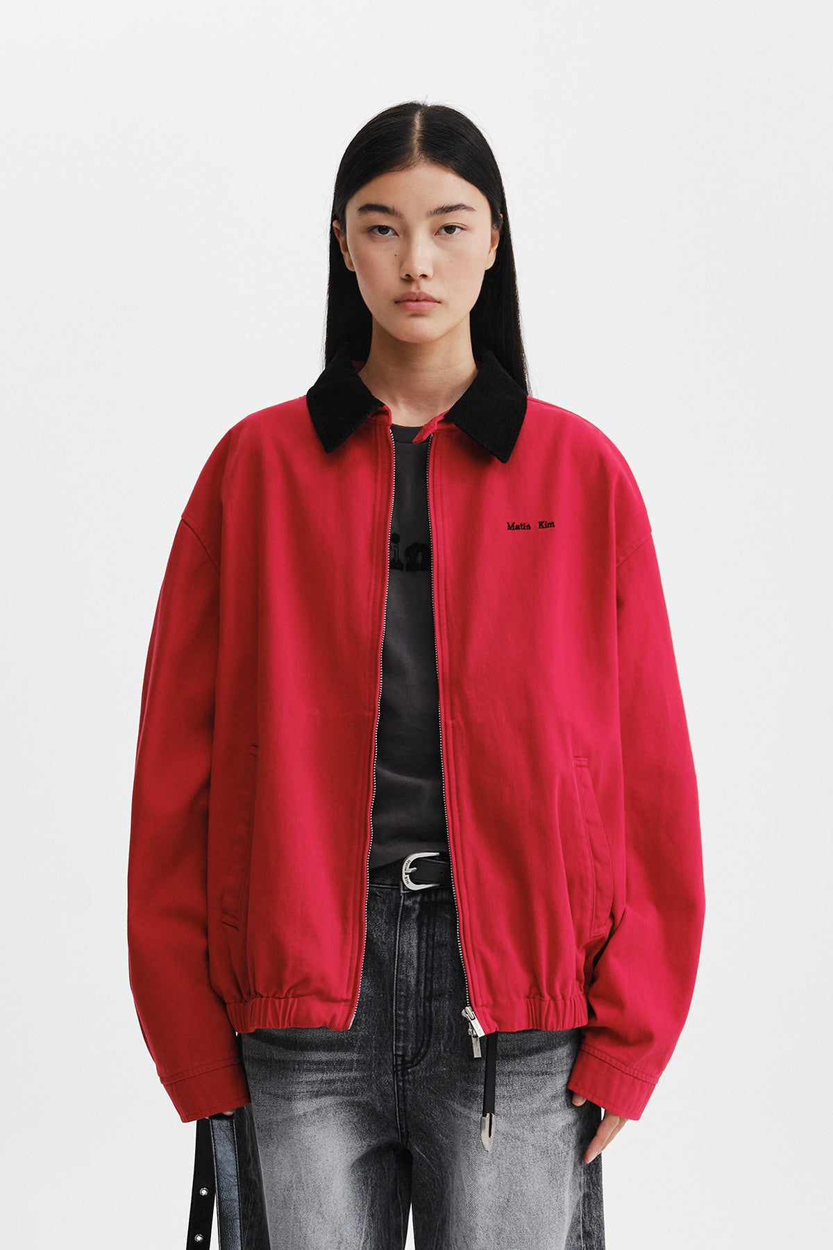 Matin Kim - Corduroy Contrast Trim Blouson Jumper (Red) product image 6 | TRAB K-Fashion Australia
