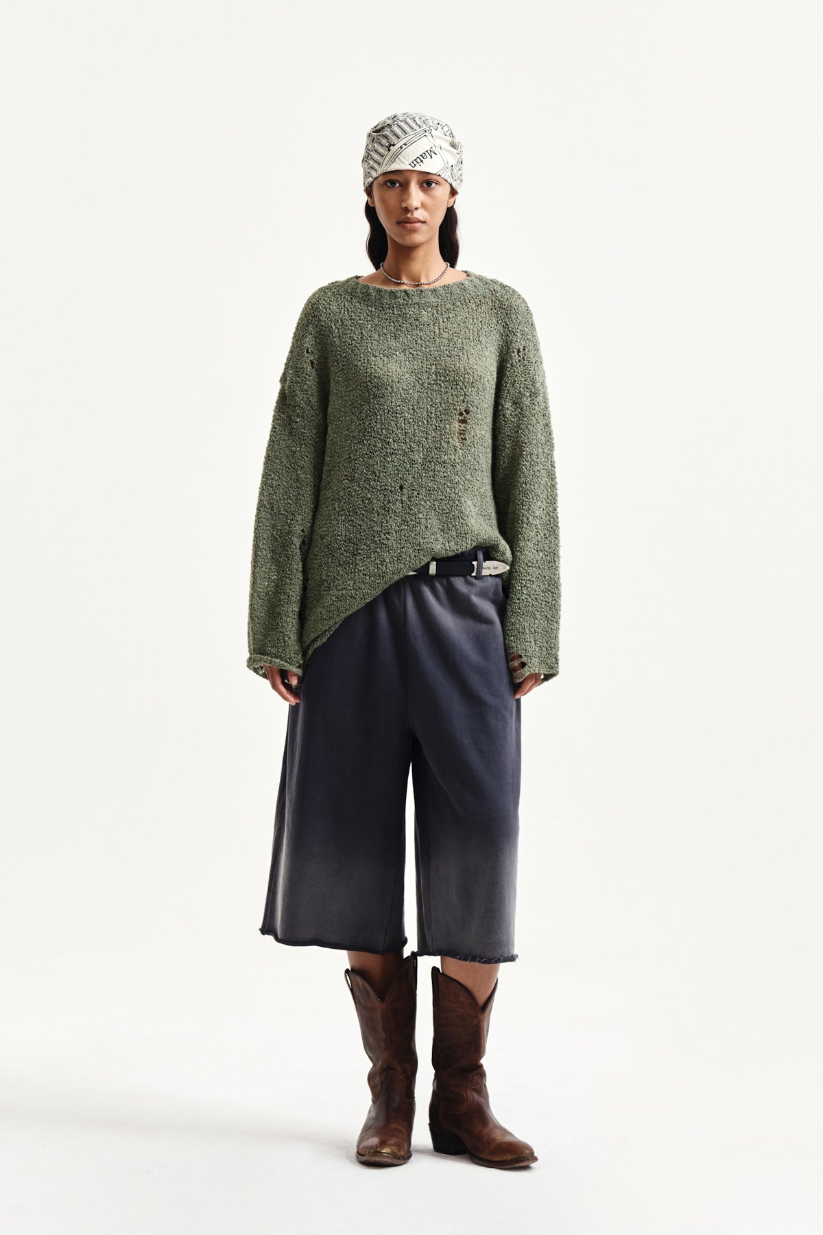 Matin Kim - Asymmetric Damaged Knit Pullover (Khaki) product image 8 | TRAB K-Fashion Australia