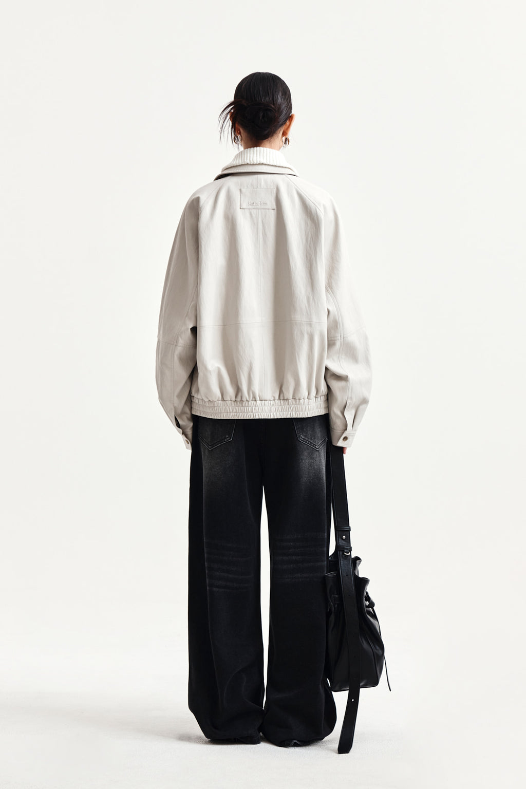 Matin Kim - Small Logo Faux Leather Zip Up Jumper (Light Grey) product image 8 | TRAB K-Fashion Australia