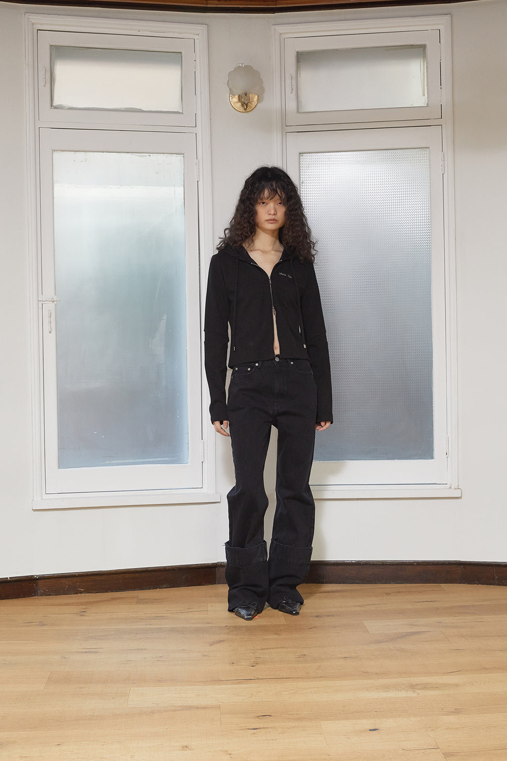 Matin Kim - Sleeve Slit Point Hoody Zip Up (Black) product image 9 | TRAB K-Fashion Australia