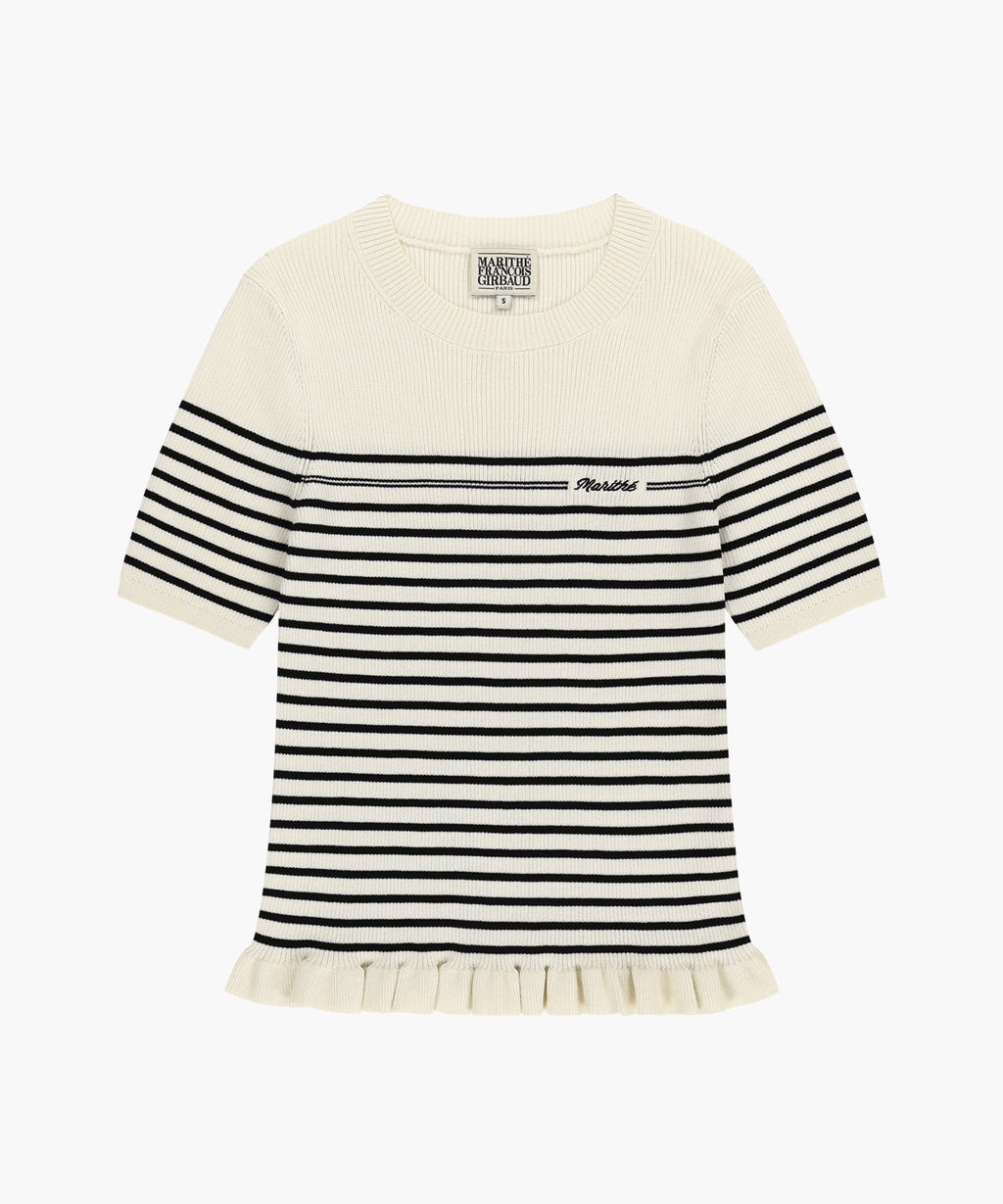 Marithe & Francois Girbaud - Ruffle Point Stripe Half Knit Pullover (Beige) product image 6 | TRAB K-Fashion Australia