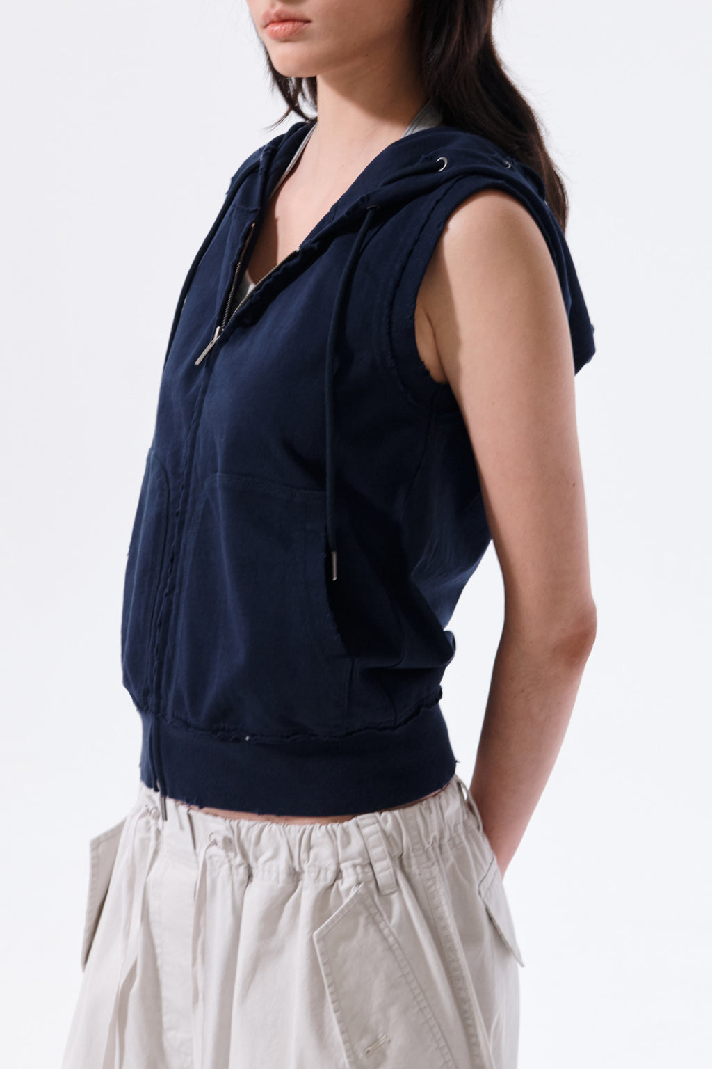 Matin Kim - Back Logo Jersey Hood Vest (Navy) product image 12 | TRAB K-Fashion Australia