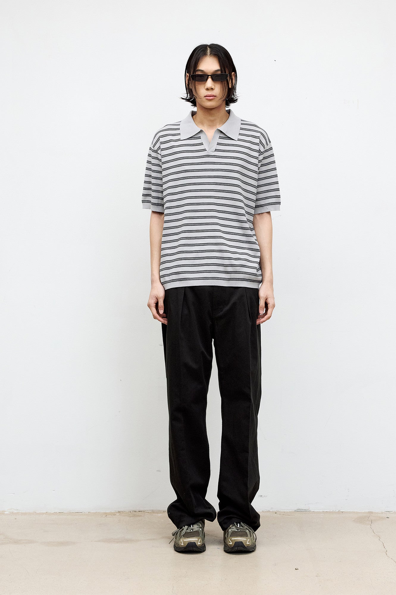 Coor - Open-Collar Stripe Sweater (Light Gray) product image 2 | TRAB K-Fashion Australia