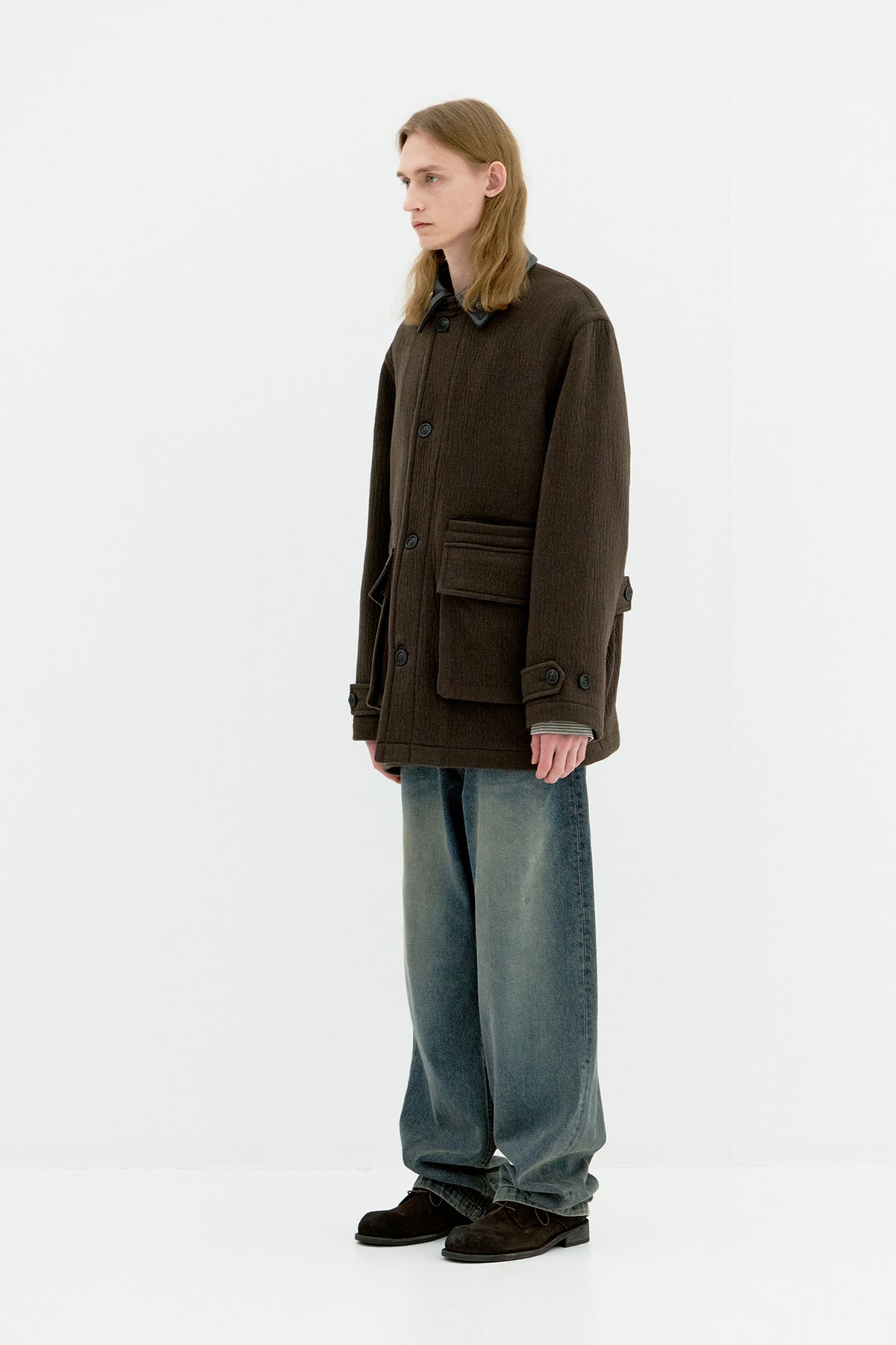 Coor - Trimming Leather Patchwork Coat (Dark Green) product image 3 | TRAB K-Fashion Australia