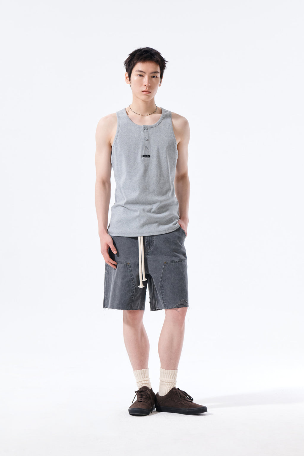 Matin Kim - Sleeveless Henley Top (Grey) product image 10 | TRAB K-Fashion Australia