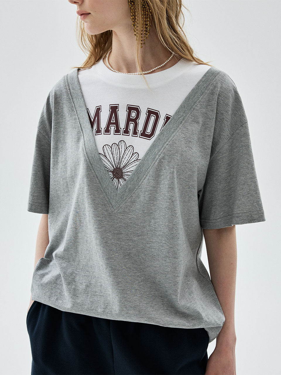 Mardi Mercredi - Oversized Tshirt V Neck Layered Detail (Grey) product image 1 | TRAB K-Fashion Australia