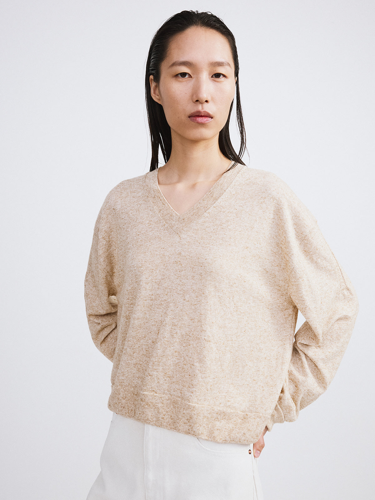 Recto - Melange V-Neck Loose Knit Top (Oatmeal) product image 4 | TRAB K-Fashion Australia