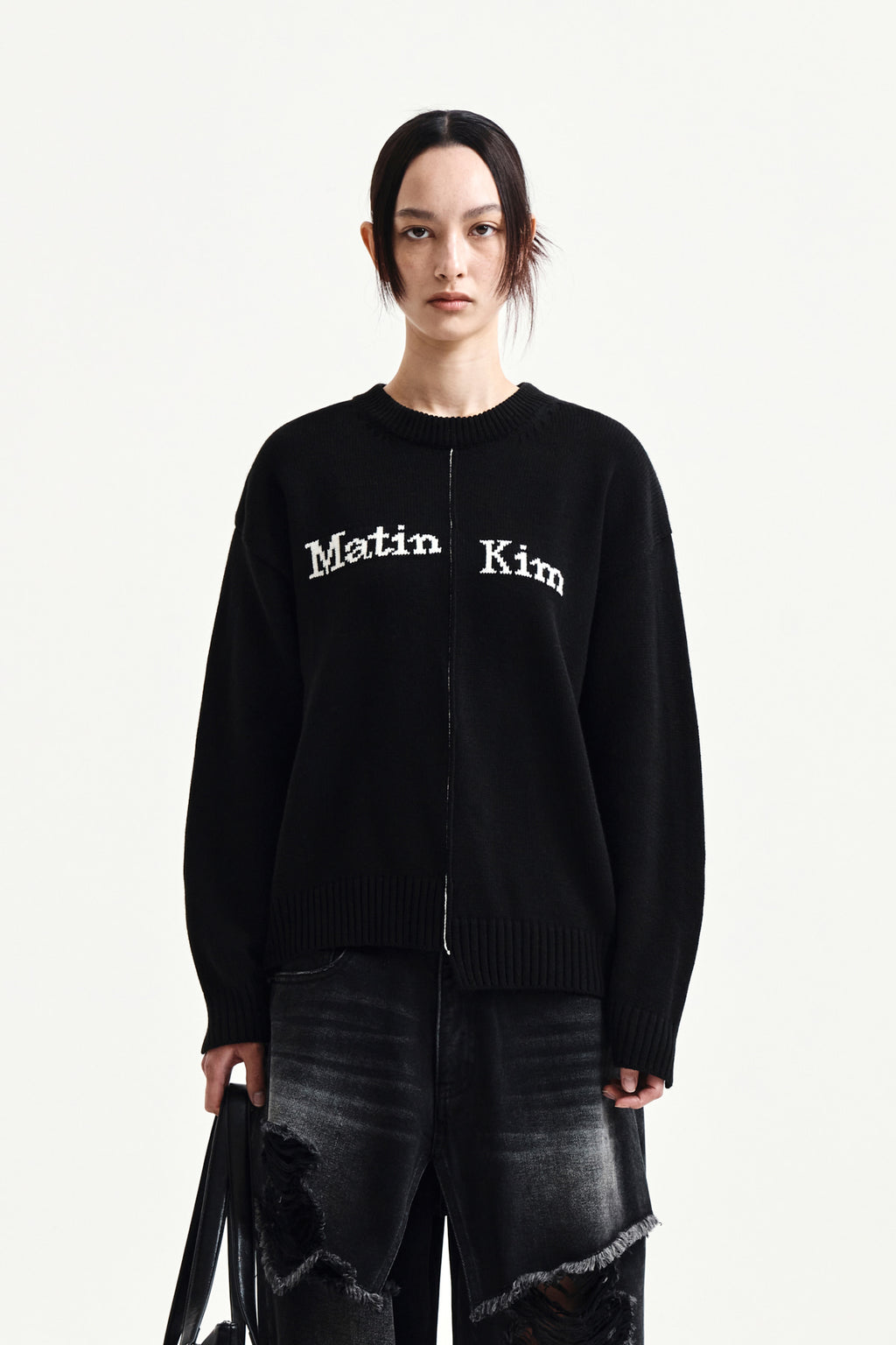Matin Kim - Asymmetric Logo Knit Pullover (Black) product image 5 | TRAB K-Fashion Australia