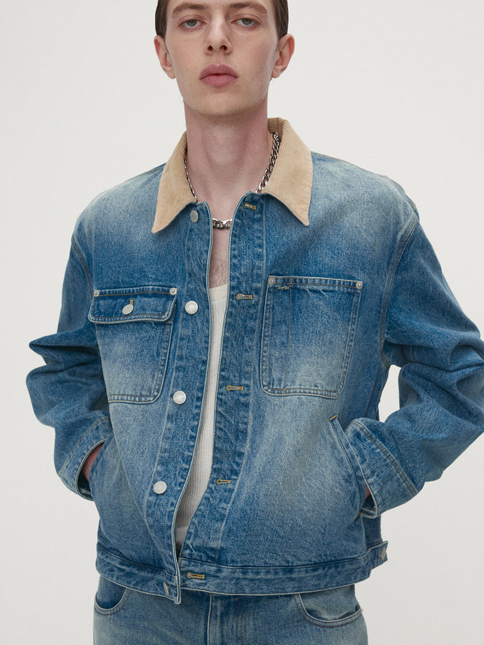Tonywack - Corduroy Collar Denim Work Jacket (Washed Blue) product image 1 | TRAB K-Fashion Australia