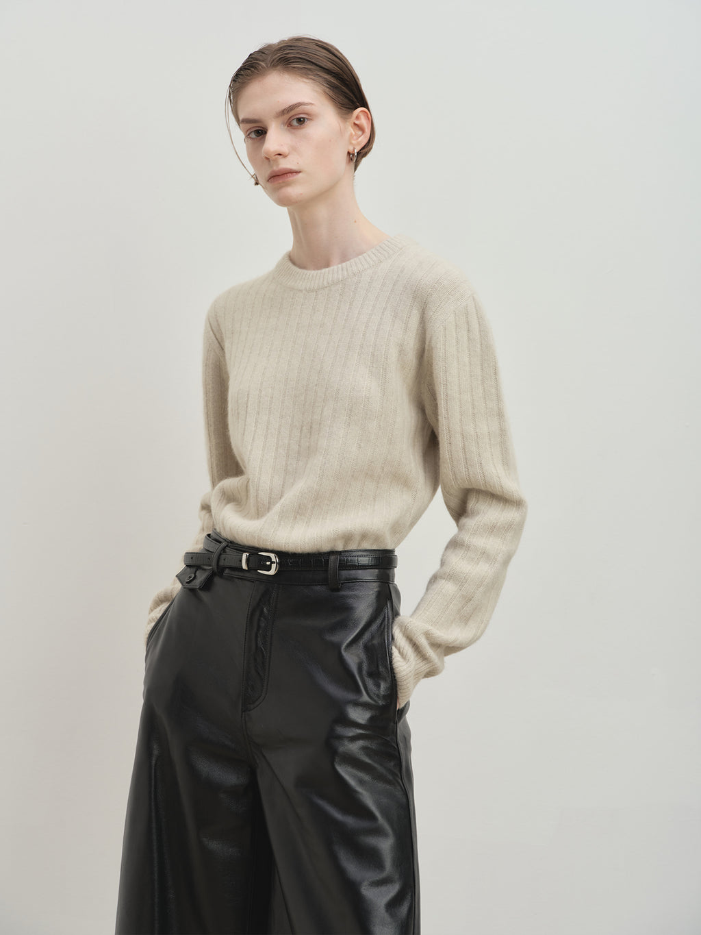 Tonywack - Superfine Merino Wool Tube Scarf Attaced Ribbed Sweater (Ecru) product image 4 | TRAB K-Fashion Australia