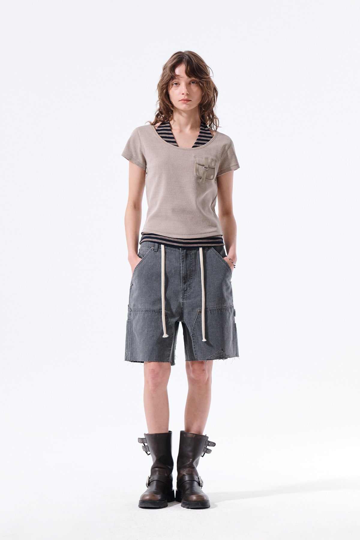 Matin Kim - Heringbone Raw Cut Denim Shorts (Grey) product image 9 | TRAB K-Fashion Australia