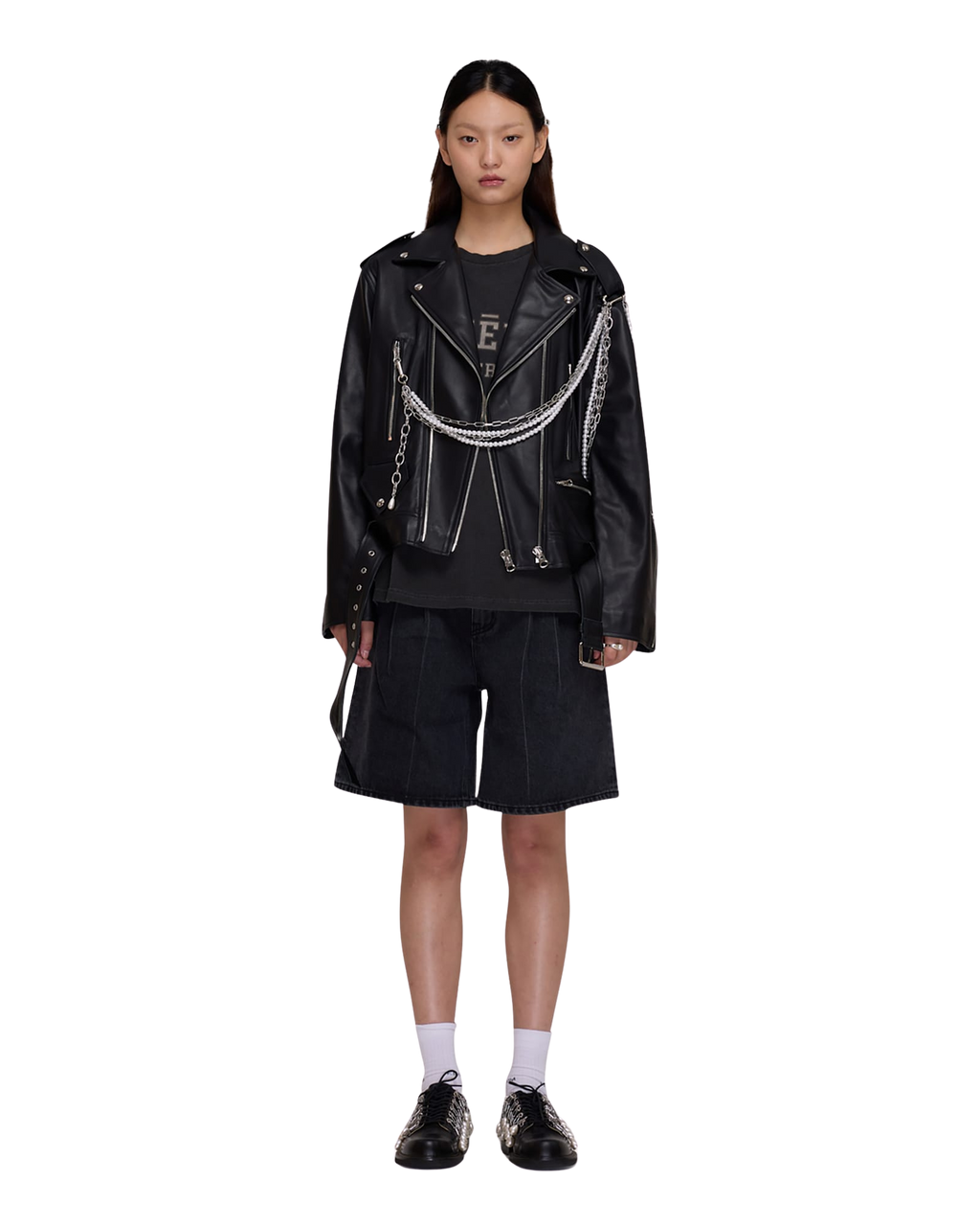 Kimhe Kim - Detachable Pearl Chain Leather Jacket (Black) product image 1 | TRAB K-Fashion Australia