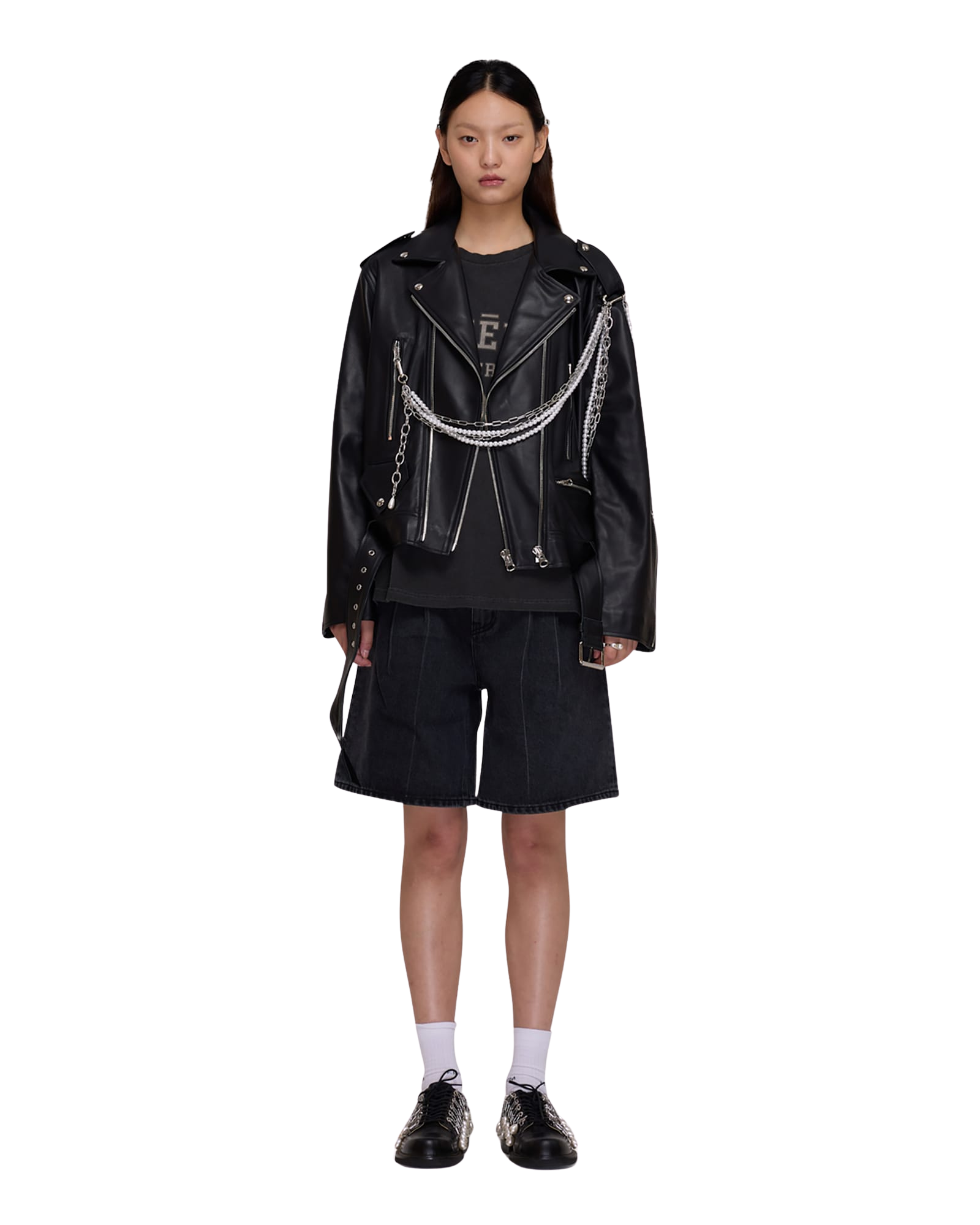 Kimhe Kim - Detachable Pearl Chain Leather Jacket (Black) product image 1 | TRAB K-Fashion Australia