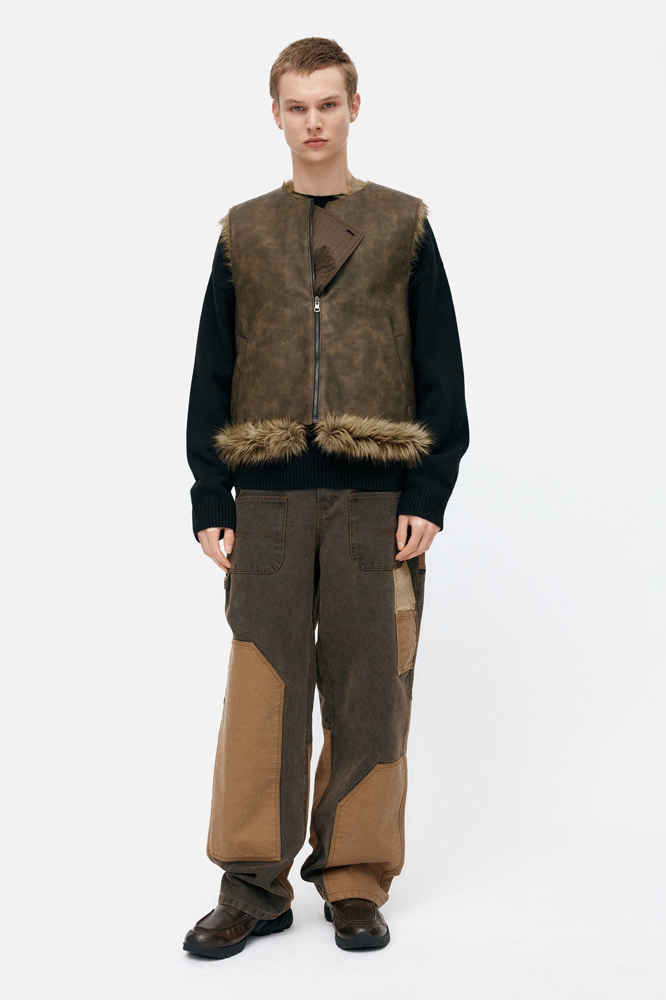 Andersson Bell - Unisex Curved Placket Reversible Faux-Fur Vest (Brown) product image 14 | TRAB K-Fashion Australia