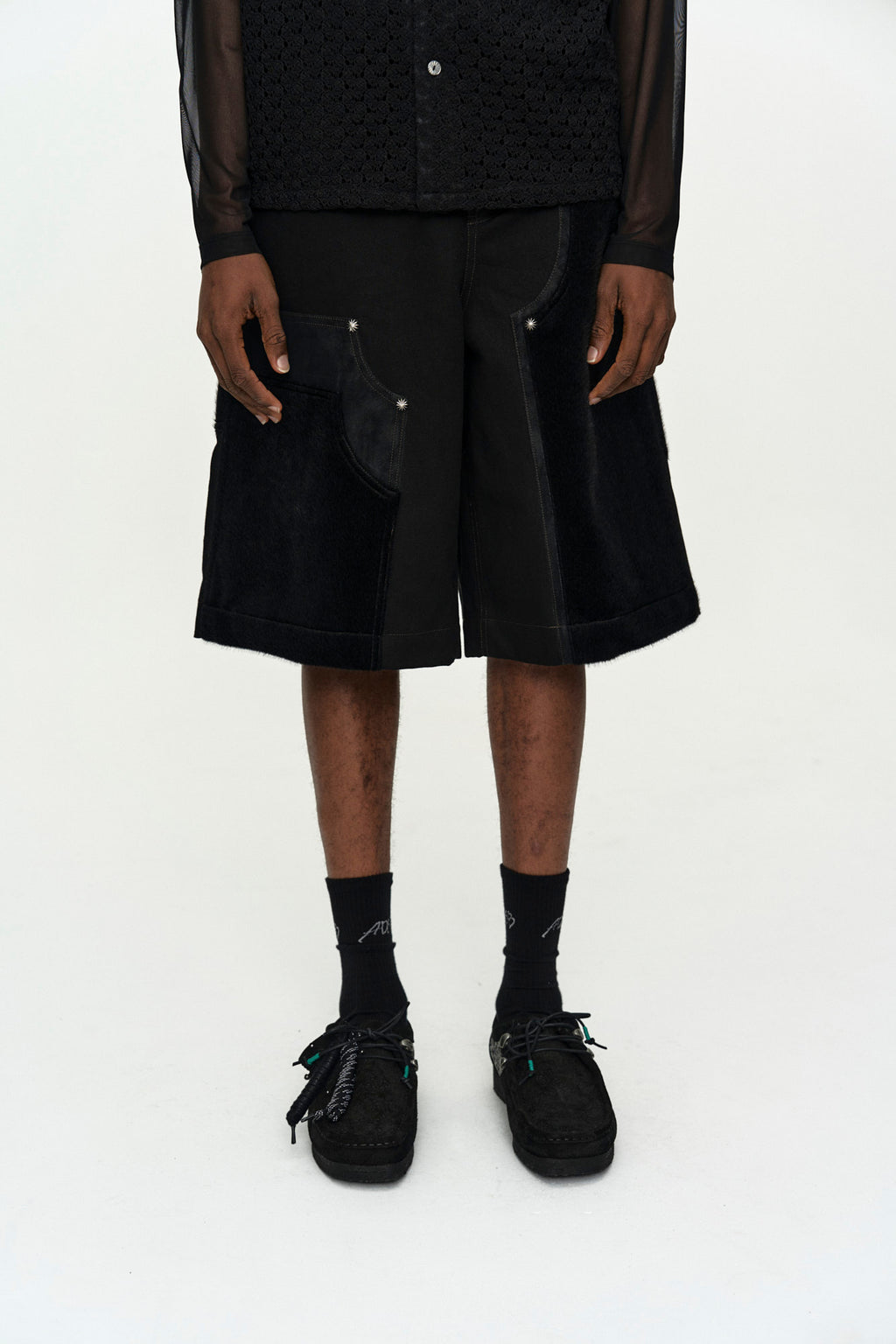 Andersson Bell - Faux Pony Patchwork Carpenter Shorts (Black) product image 5 | TRAB K-Fashion Australia