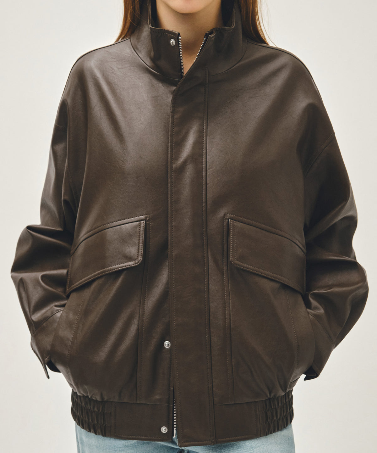 Marithe & Francois Girbaud - Faux Leather High Neck Jacket (Brown) product image 4 | TRAB K-Fashion Australia