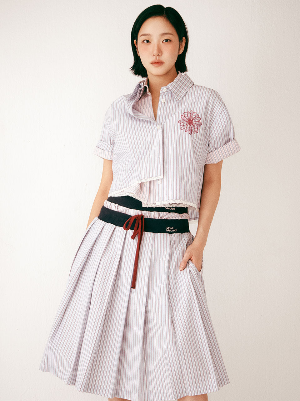 Mardi Mercredi - Cotton Pleated Midi Skirt Stripe (Blue) product image 1 | TRAB K-Fashion Australia