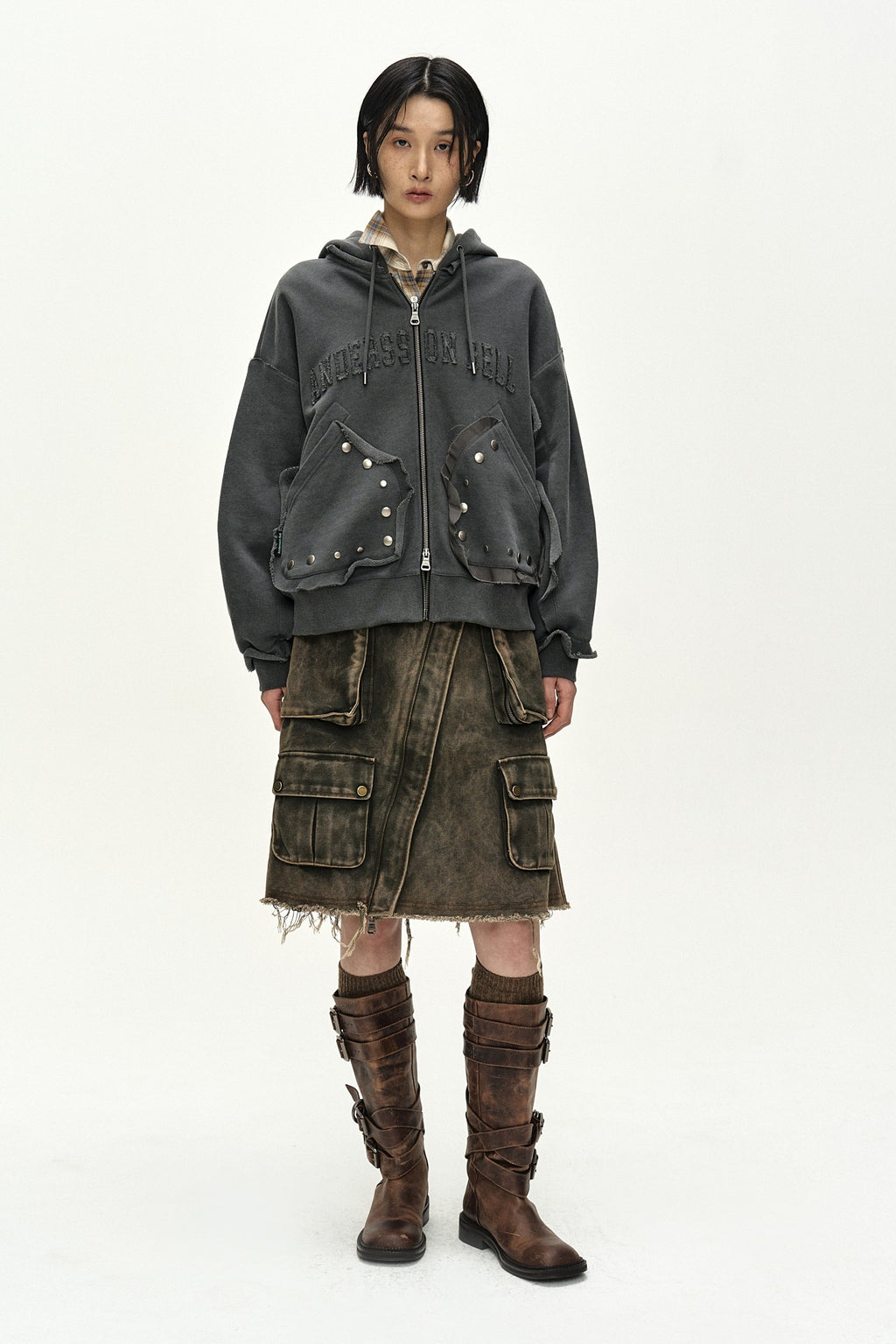 Andersson Bell - Raw-Cut Studded Zip-Up Hoodie (charcoal) (Charcoal) product image 1 | TRAB K-Fashion Australia